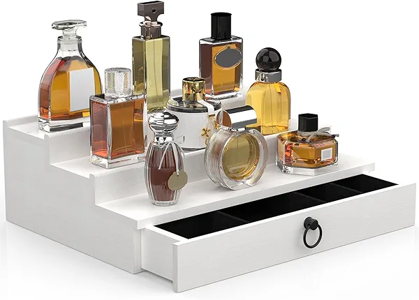 upcessory Cologne Organizer for Men, 3 Tier Wood Perfume Organizer with Felt Lining Drawer and Hidden Compartment, White Perfume Display Holder, A Gift for Men