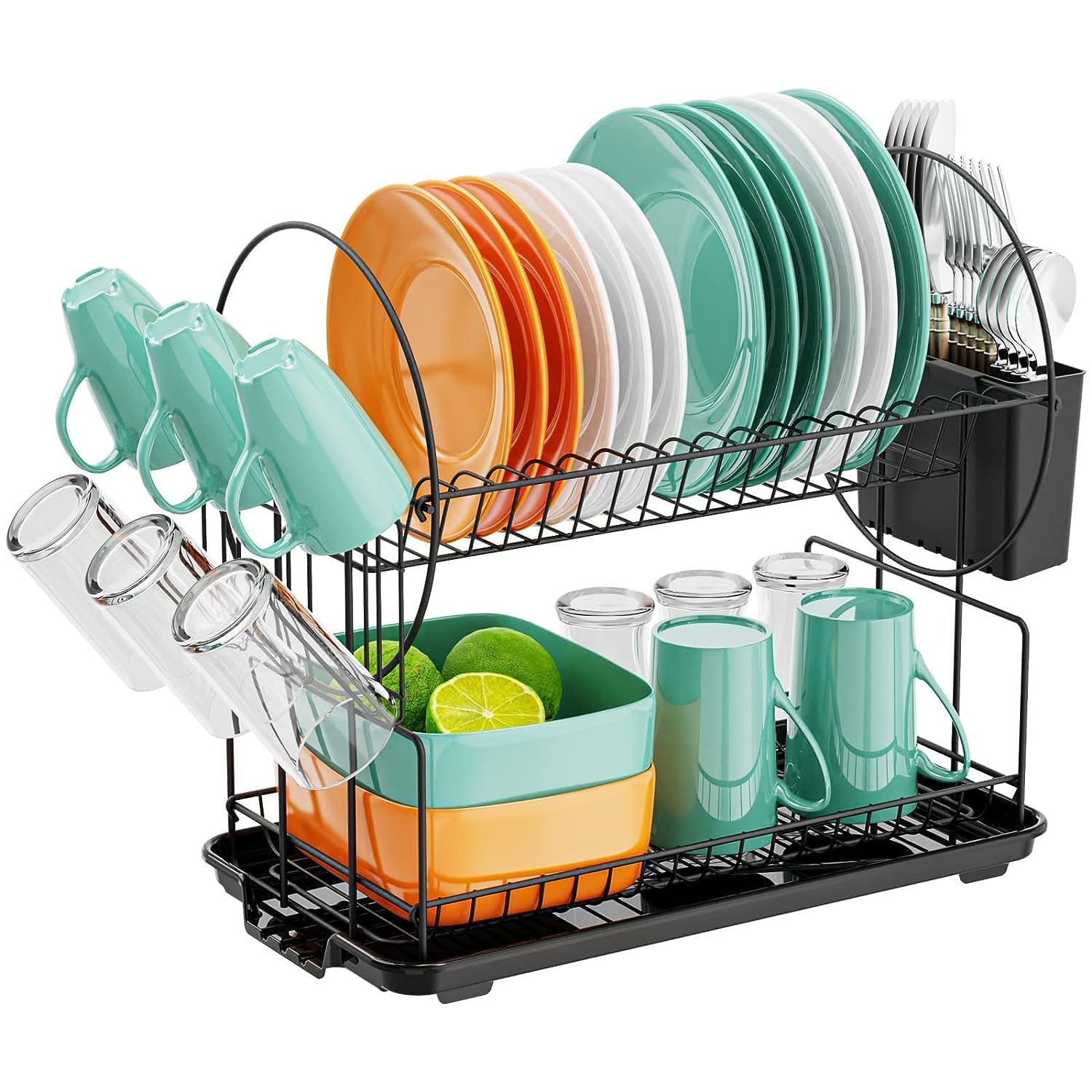 VELTLEX Dish Rack Dish Drying Stand Dish Rack With Tray Dish Drainer Plate Rack Dish Rake Kitchen Organizer Dish Drying Rack Countertop Black Kitchen Dish Racks Black Dish Stand (2-Layer Large)