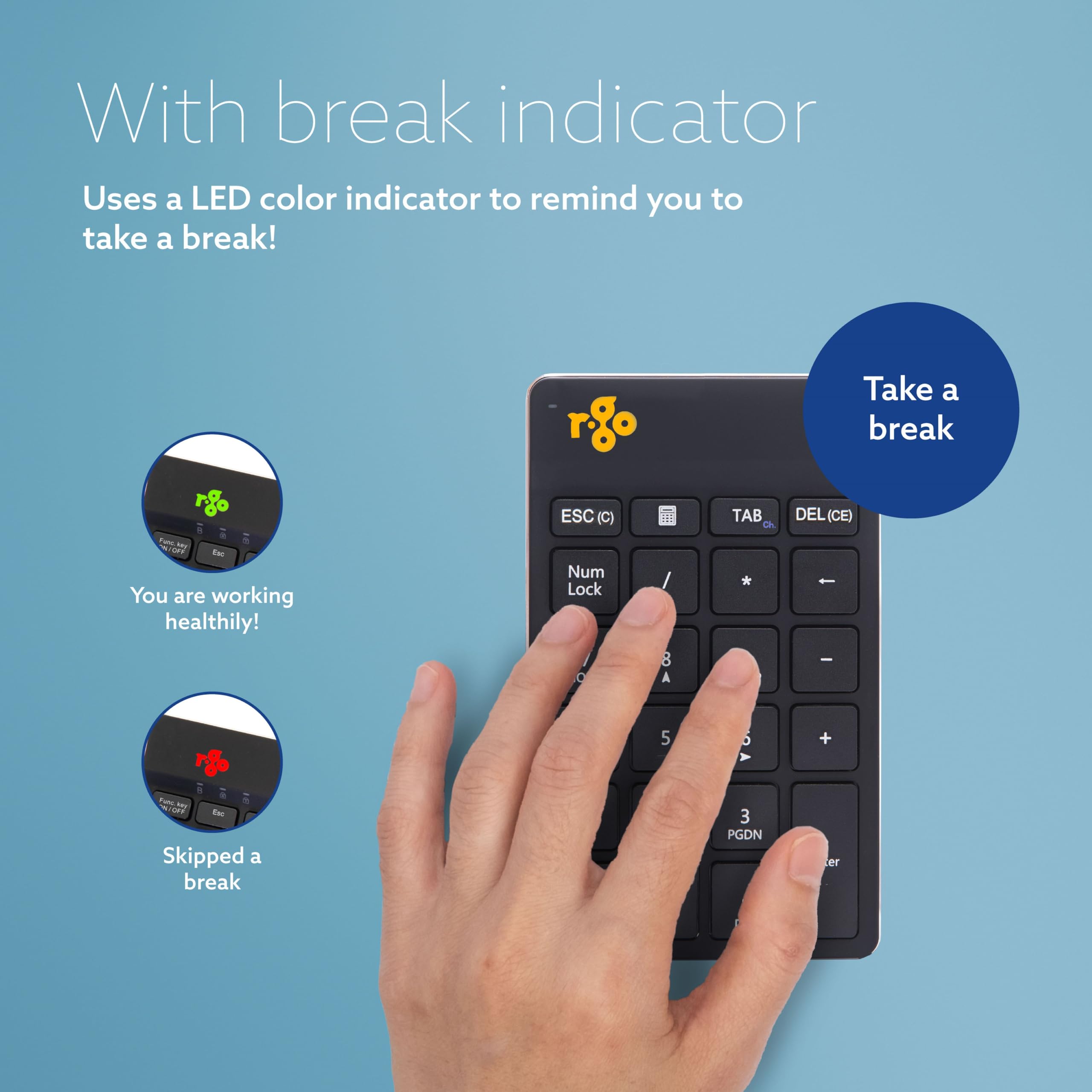 R-Go Break, tastiera digitale, Bluetooth, tastierino numerico, tastiera aggiuntiva, software di pausa anti-RSI, senza fili, compatibile con Windows/Mac/Linux, nero