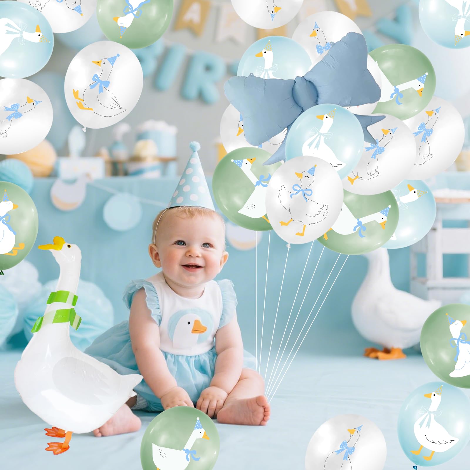 Balony z motywem ej gęsi: lateksowe balony z kokardą, gęś, jedna a gęś, dekoracja urodzinowa, chłopiec, a gęś, dekoracje urodzinowe na baby shower, zestaw łuków balonowych, niebieskie