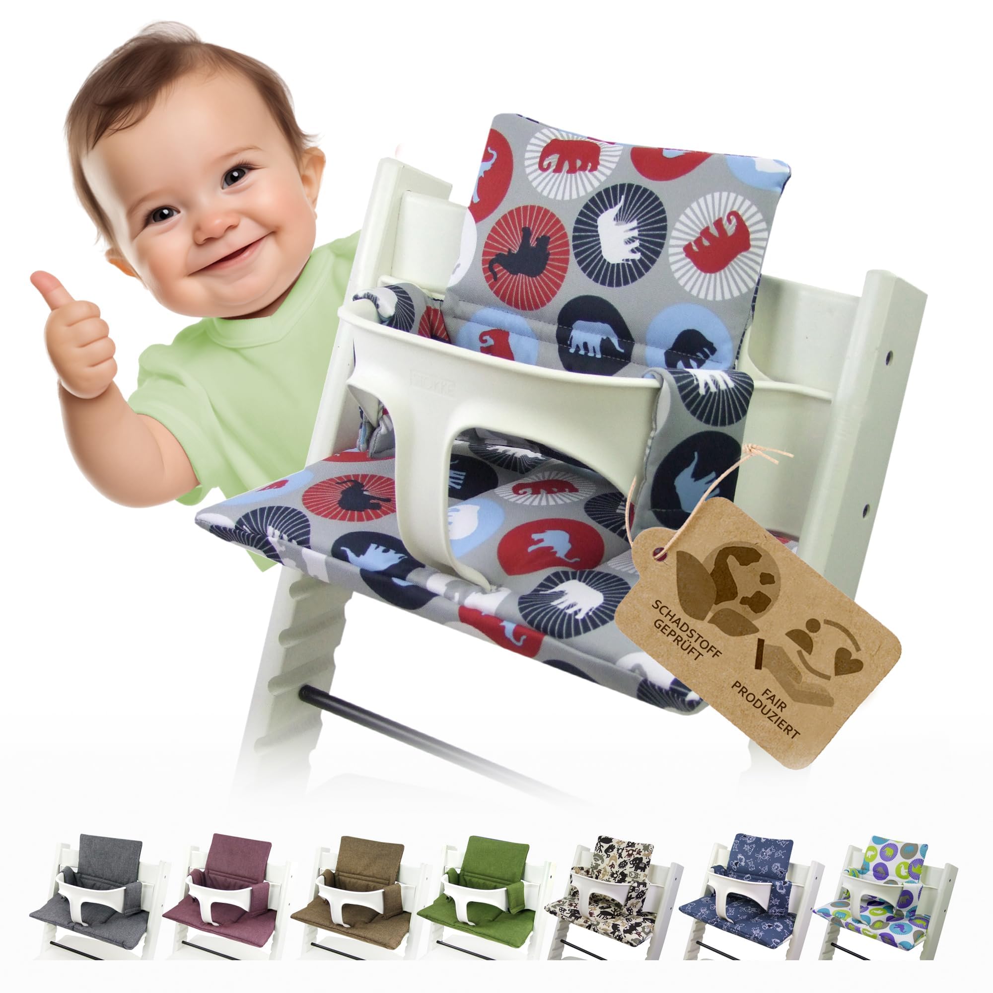 BambiniWelt Ersatzbezug Tripp Trapp – Sitzkissen-Set kompatibel, Stokke Hochstuhl, extra weich, waschbar & langlebig, 2-teiliges Kissen - Klettverschluss, Farbe: marine Elefanten