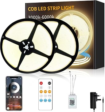 COB LED Strip Lights 3000K 30M 24V Dimmable Warm White LED Strip Kit, with Remote and app Control and UKCA Power Supply LED Tape Lights for DIY Home Decoration2 Rolls of 50ft [Energy Class F]