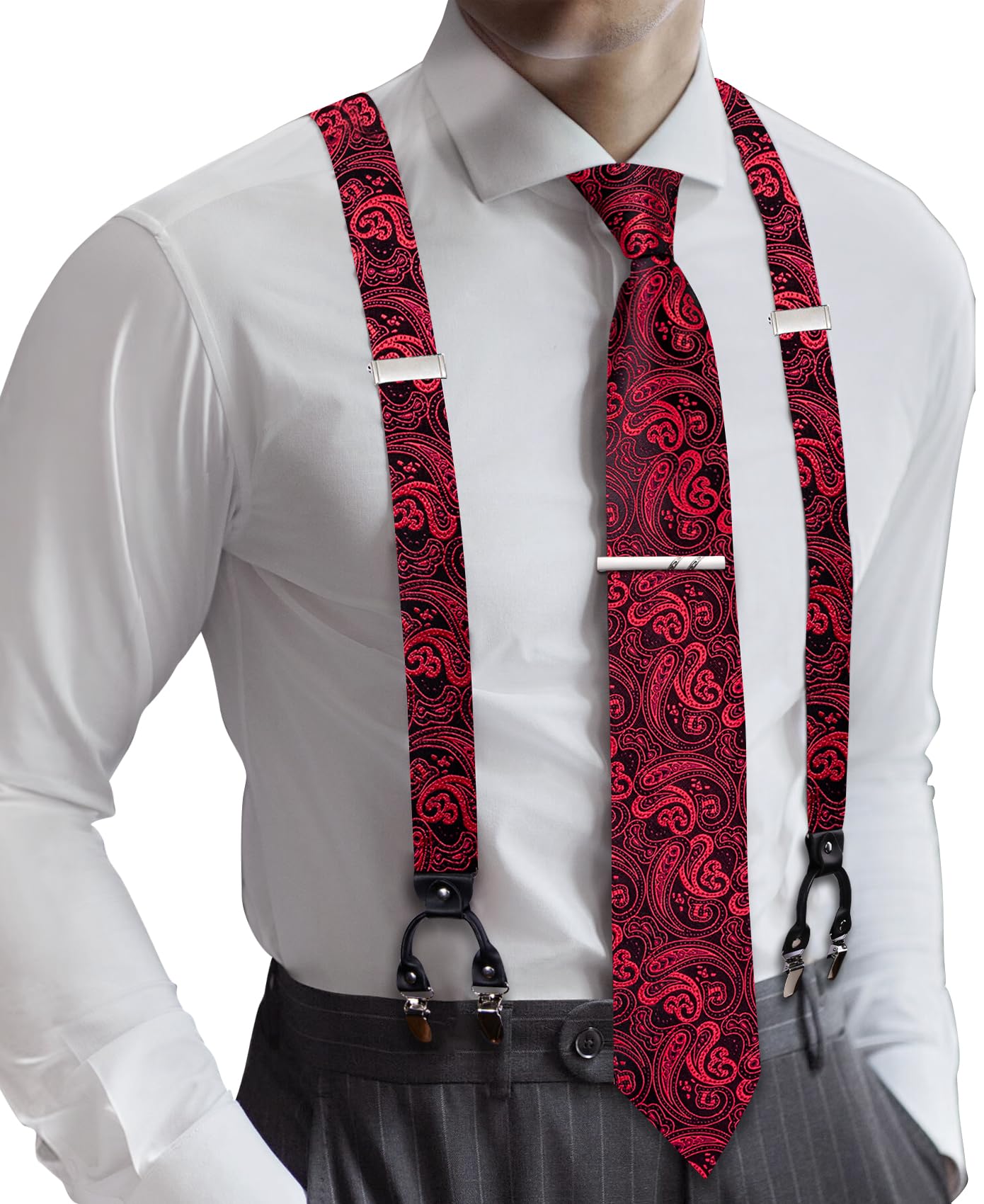 Barry.Wang Men Suspender Tie Sets Elastic Heavy 6 Clips Hanky Cufflink 5PCS | Classic Suspender Set for Man Necktie Y Type Adjustable Heavy Duty 6 Clips Braces Pocket Square Cufflinks Party