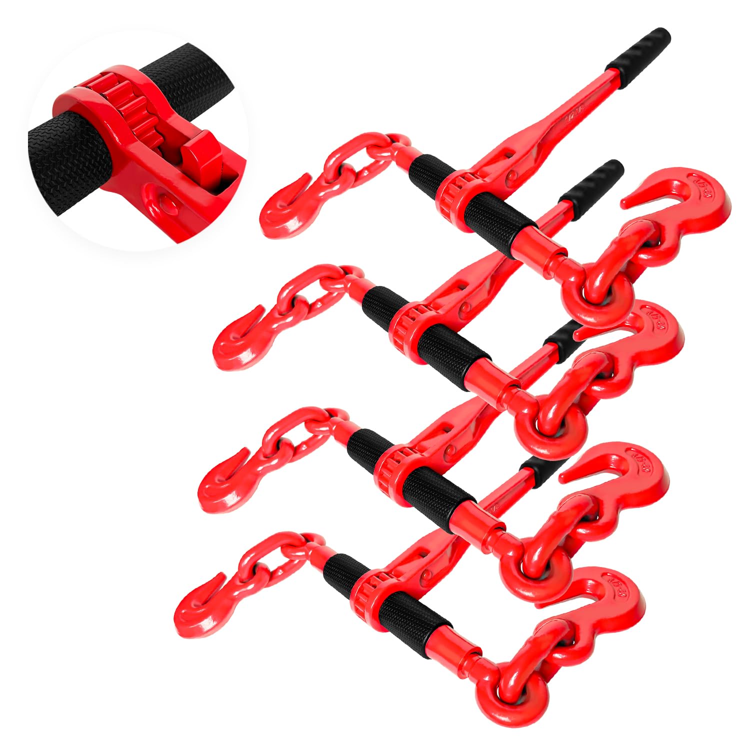 Ratchet Chain Binders 1/2'' - 5/8in | 4 Pack Load Binder with 2 Grab Hooks | Tie Downs for Grade 70 Transport Chain | 13,000 Lbs. Safe Working Load- Heavy Duty Ratchet Binders for Towing