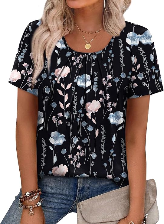 WIHOLL Women T Shirts Pleated Short Sleeve Tops Business Casual Dressy Blouses