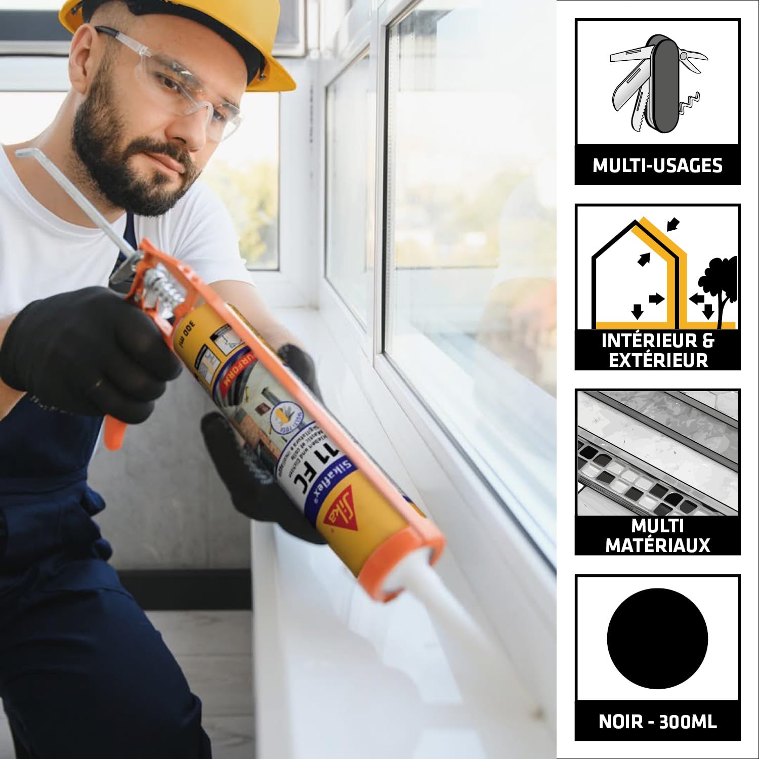 SIKA - Mastic-colle Tout en un multi-usages - Sikaflex 11 FC Purform, Noir - Mastic, joint et collage multi-usages, Intérieur et extérieur - Carton de 12 cartouches 300ml