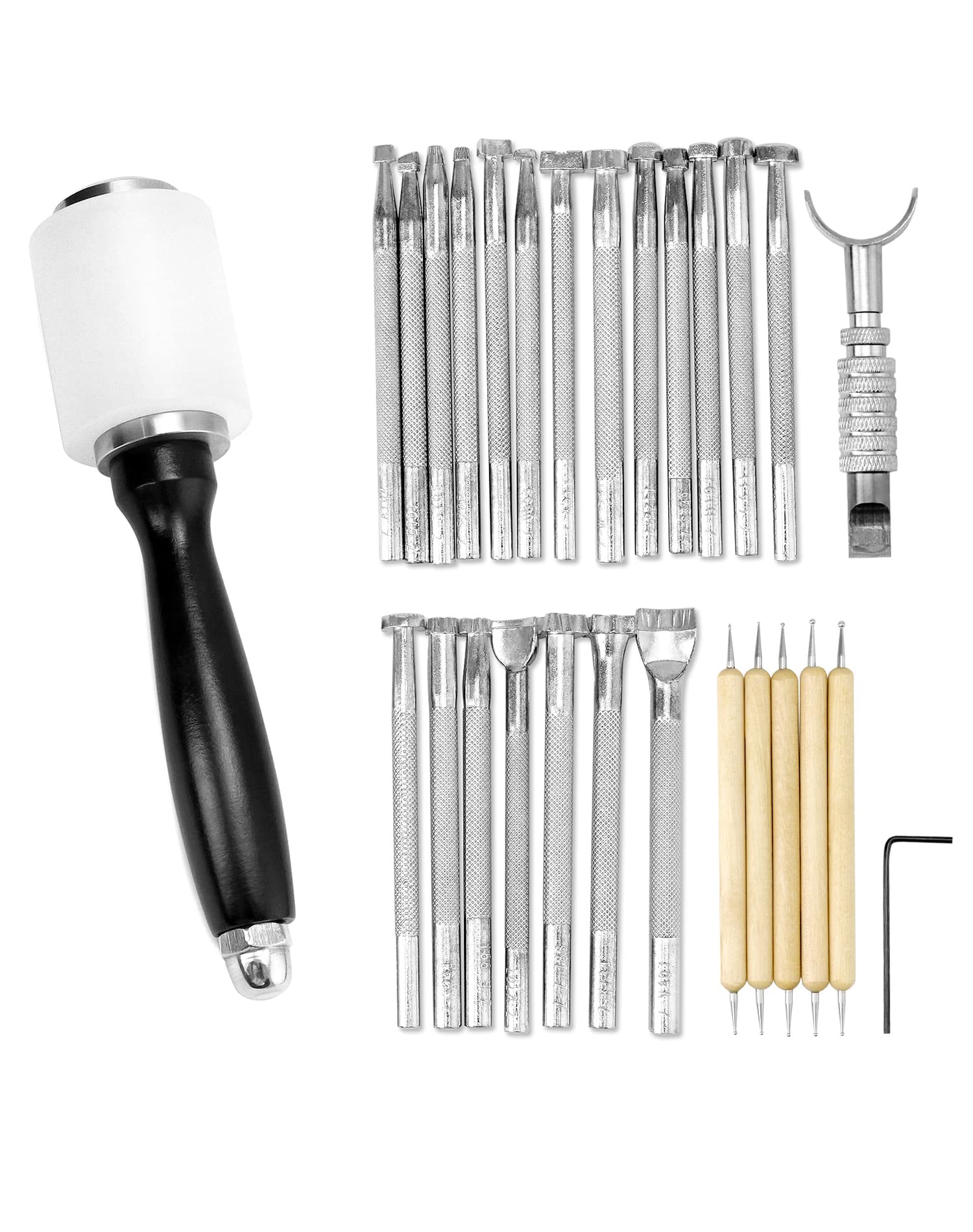 QWORK® 27 Pezzi Kit di Strumenti Artigianali in Pelle, Timbro e Martello in Nylon, Coltello da Intaglio, per Realizzazione Artigianale in Pelle