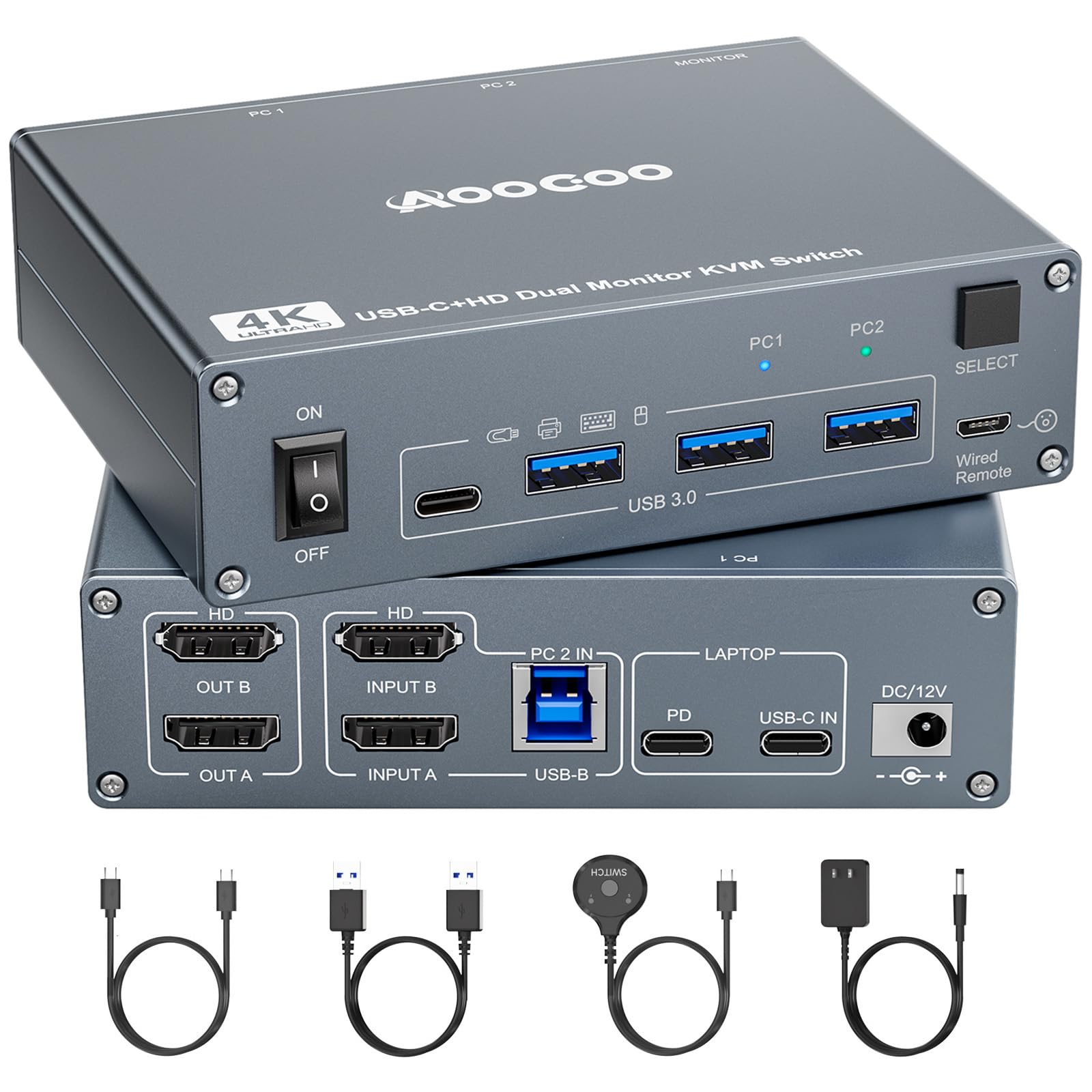 USB C HDMI KVM Switch 2 Computers 2 Monitors 4K@60Hz for 1 PC and 1 Laptop Sharing 2 Monitor and 4 USB3.0 Devices, PD Power for Laptop with Wired Remote Control and USB Cables-image-16