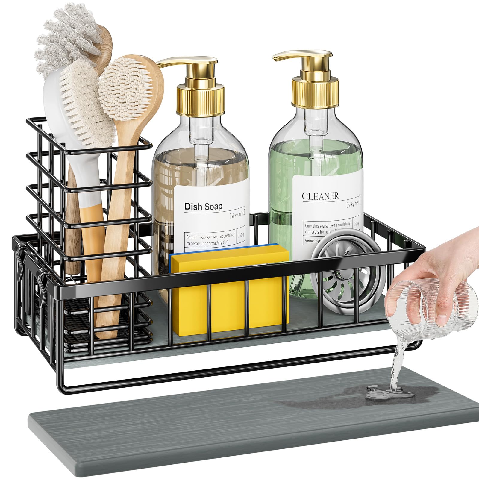 OVICAR Kitchen Sink Caddy Sponge Holder - Instant-Dry Sink Organizer with Brush Holder - Waterproof Soap Dispenser Non-Slip Countertop Organizer Storage for Kitchen Bathroom Black