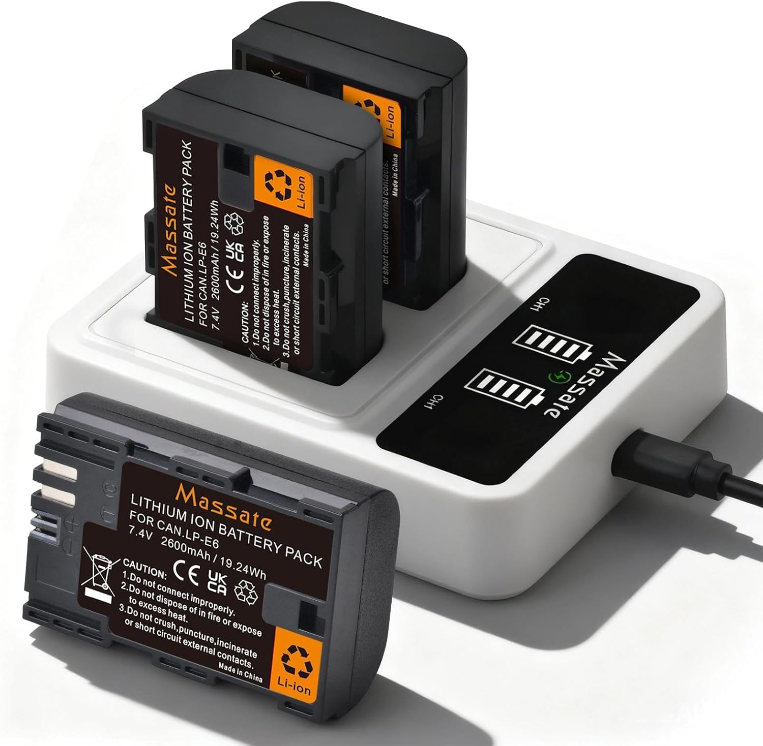 3 Pack 2600mAh LP-E6 Battery & LED PD20W Fast Charger—Full Power 2.5H, LP-E6 Battery for Canon EOS 5D Mark II/III/IV, 5DS/R, 6D/6D II, 7D/7D II, 60D 70D 80D 90D, R, R5 & R6 DSLR