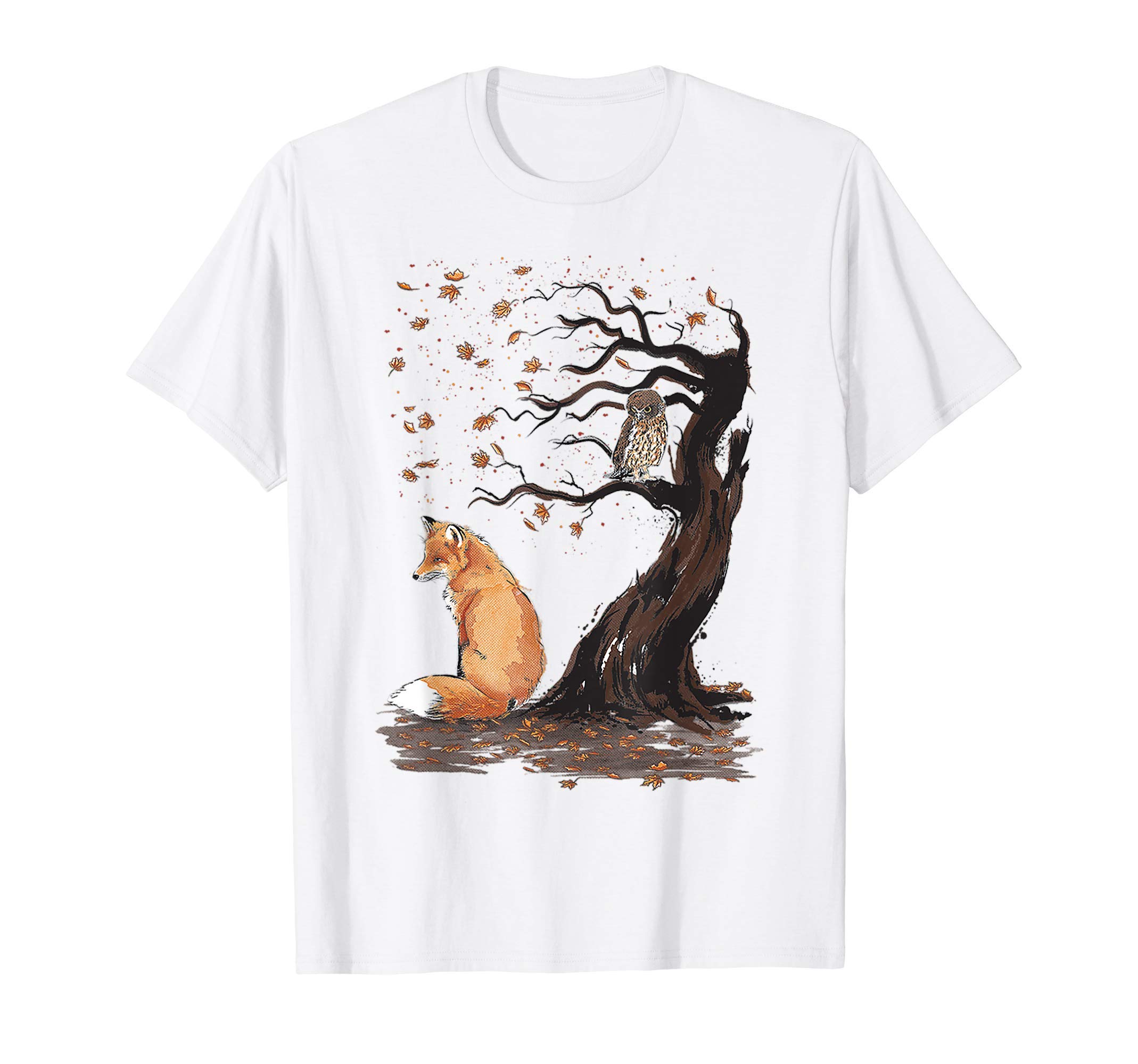 Cute Funny Animals ApparelFox and Owl on the Tree Animal Lover Cute autumn leaves T-Shirt