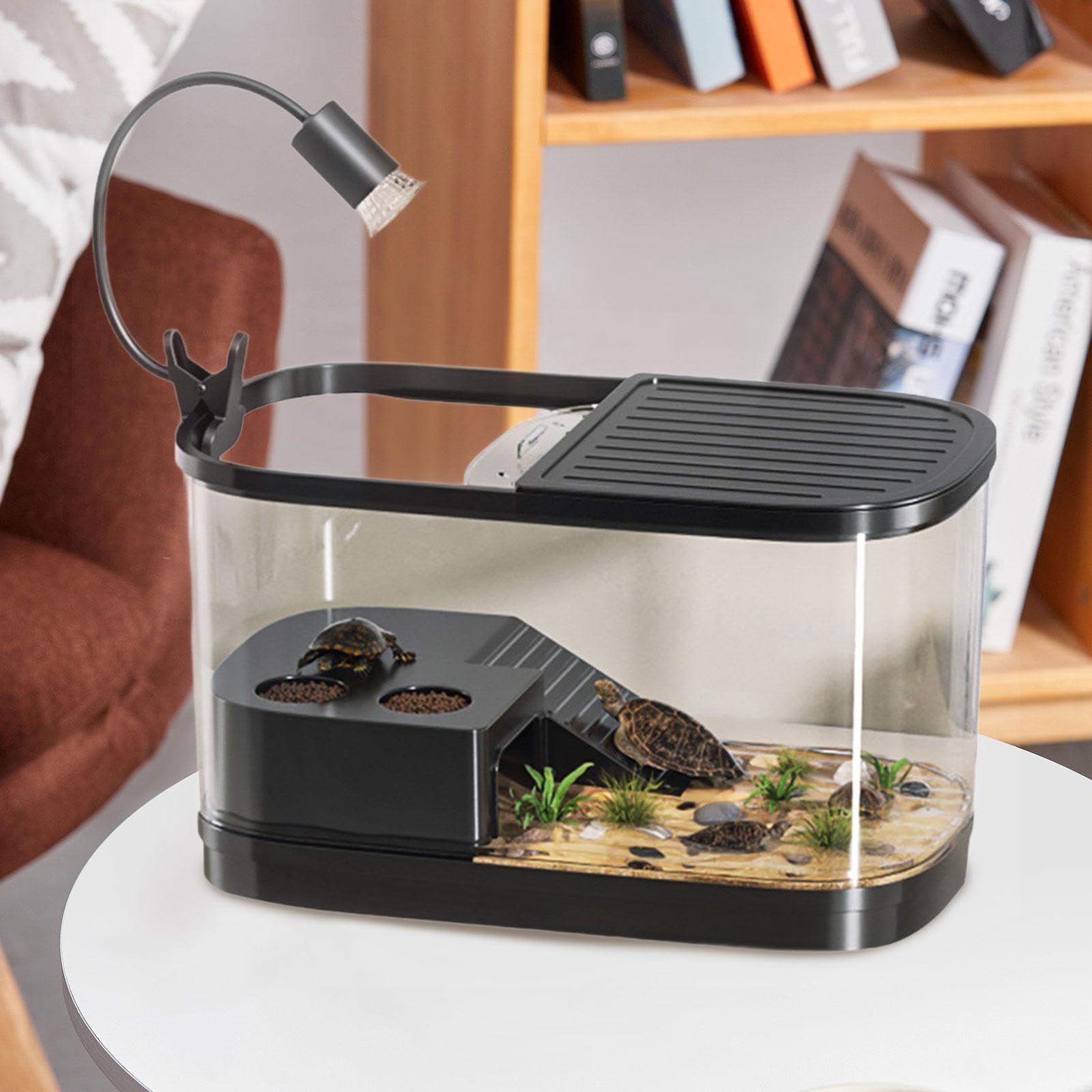 Acuario para Tortugas con para Tomar El Sol Antiarañazos Y Desagüe Lateral Multifuncional para La Cría de Tortugas, Negro Grande, Individual