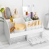 Makeup Organizer with Drawers, Cosmetic Storage for Dresser Vanity and Bathroom Countertop, Beauty Holder for Lipstick Brush, Skincare Organizer for Vanity, Cosmetic Display Case (White)