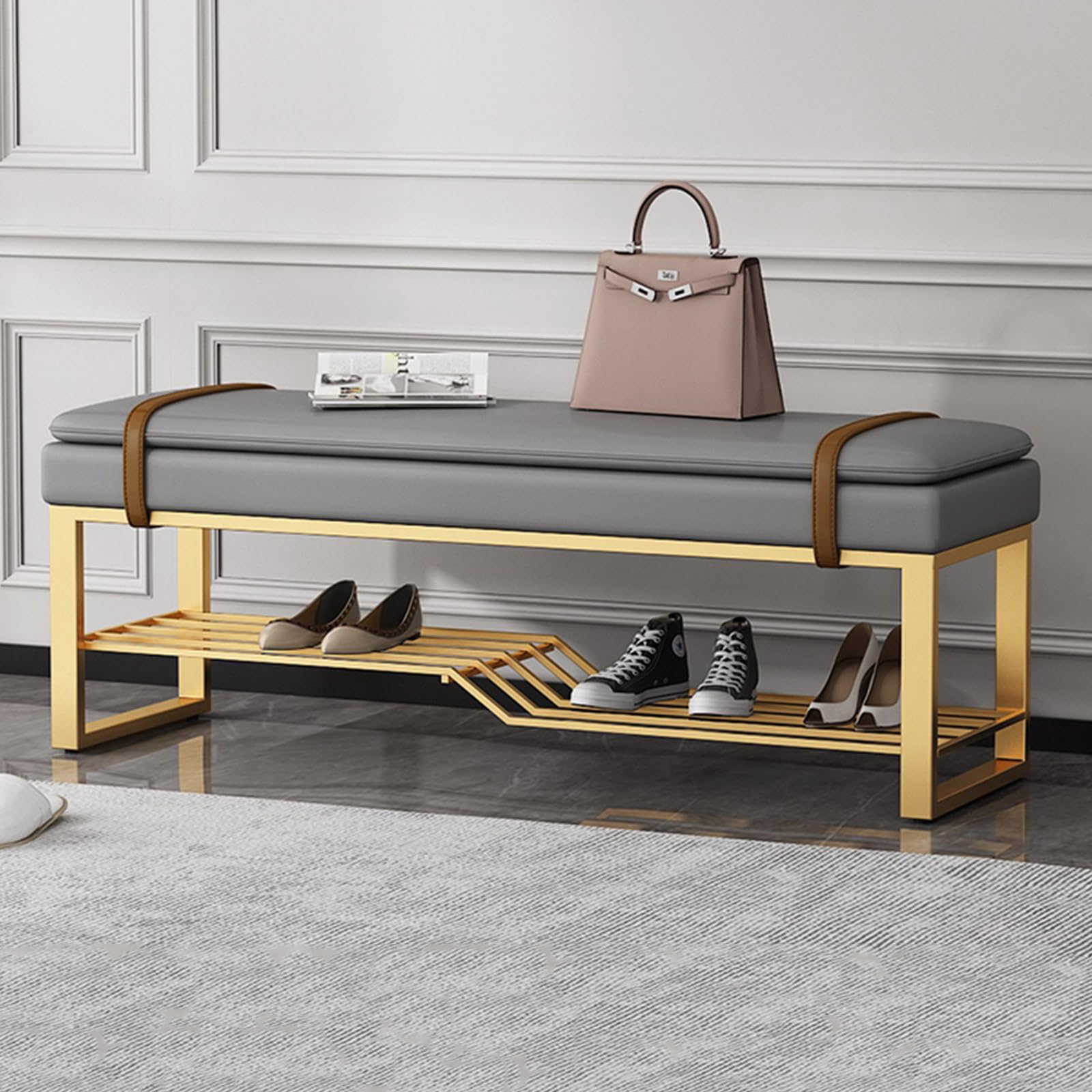 Tabouret ottoman pour rangement de chaussures en cuir gris 120 cm avec cadre métal