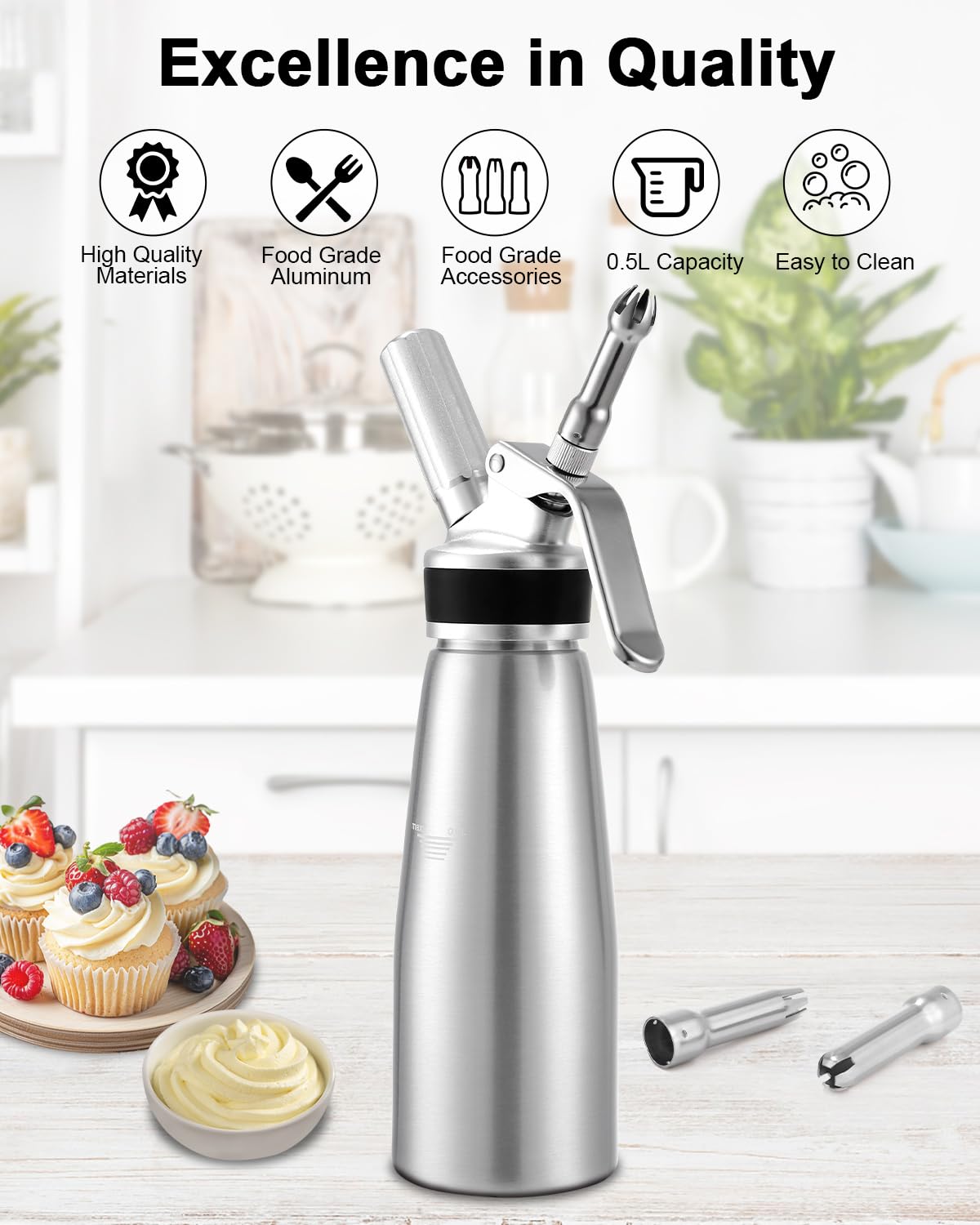 500ml Sahnespender, Sahnespender aus Aluminium, Sahnesyphon mit 3 Edelstahl Deko Düsen, 3 Kunststoffe Deko Düsen, 1 Kapselhalter, 1 Reinigungbürste und 1 Synopsis, für Schlagsahne, Creme, Mousse