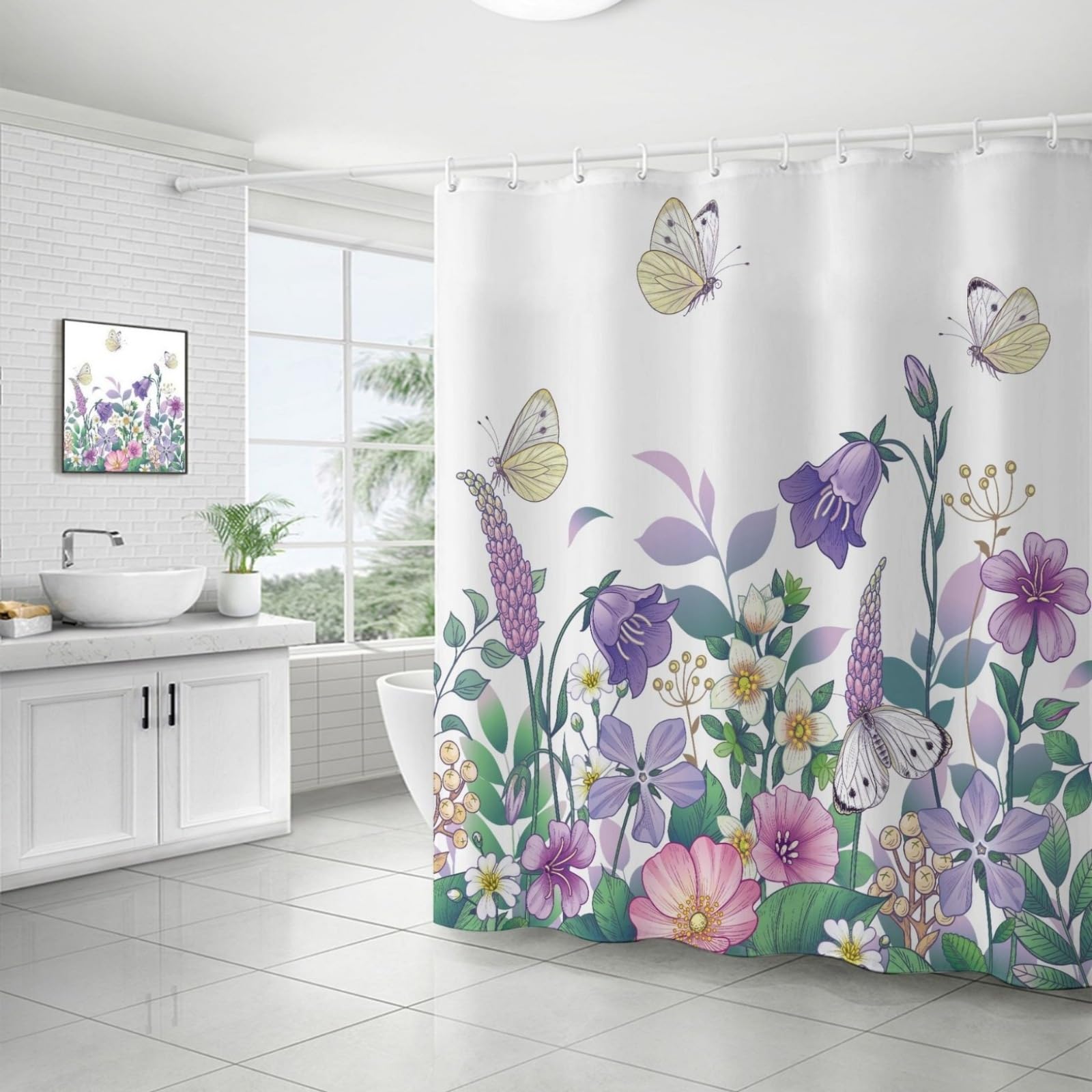 Shower Curtains Purple Flower Butterfly Wet Room Shower Curtain Mould Proof Resistant Waterproof Polyster Fabric Washable with 12 Hooks Garden Bathroom Curtains (180x200cm)