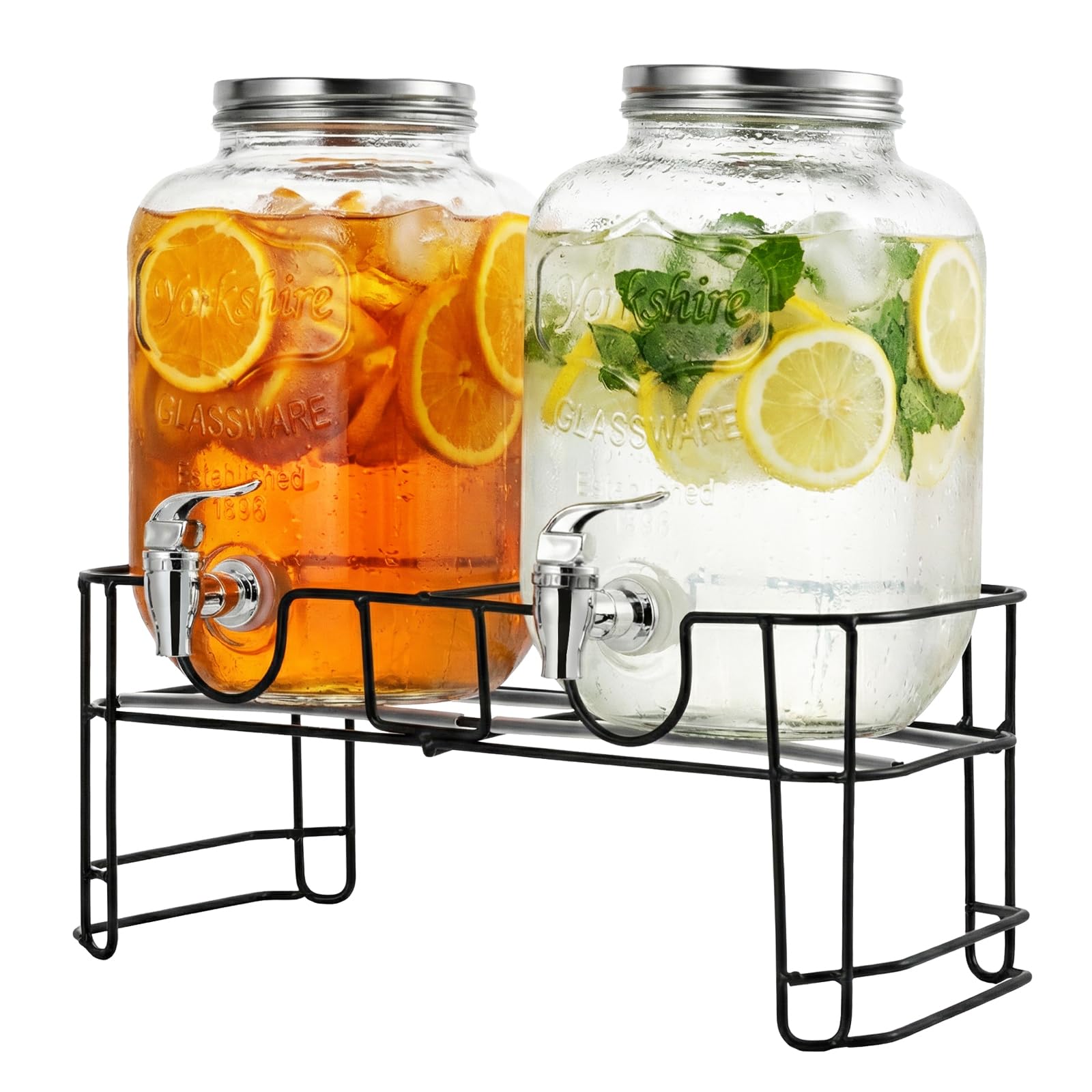 GREENSAPPIRE Glass Drink Dispenser with Tap – 2 Pack 4L Mason Jar Beverage Dispensers Faucet Metal Wire Stand – Perfect for Cocktails, Lemonade, Parties & Buffets