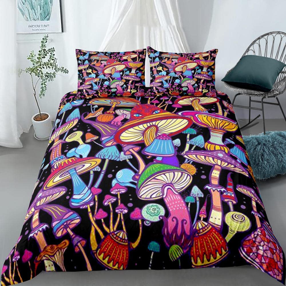 Housse De Couette 200x200cm Champignons - Parure De Lit Adulte En Polycoton Doux, Avec 2 Taies D'oreiller
