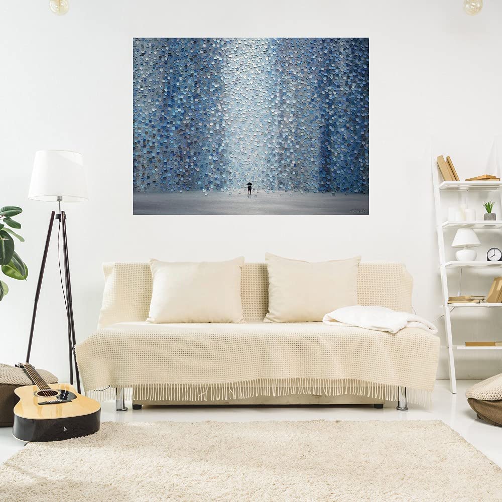Fine Art Canvas Blue Rain Canvas Wall Decor by Artist Ekaterina Ermilkina for Living Room, Bedroom, Bathroom, Kitchen, Office, Bar, Dining & Guest Room - Ready to Hang - 56 in x 42 in
