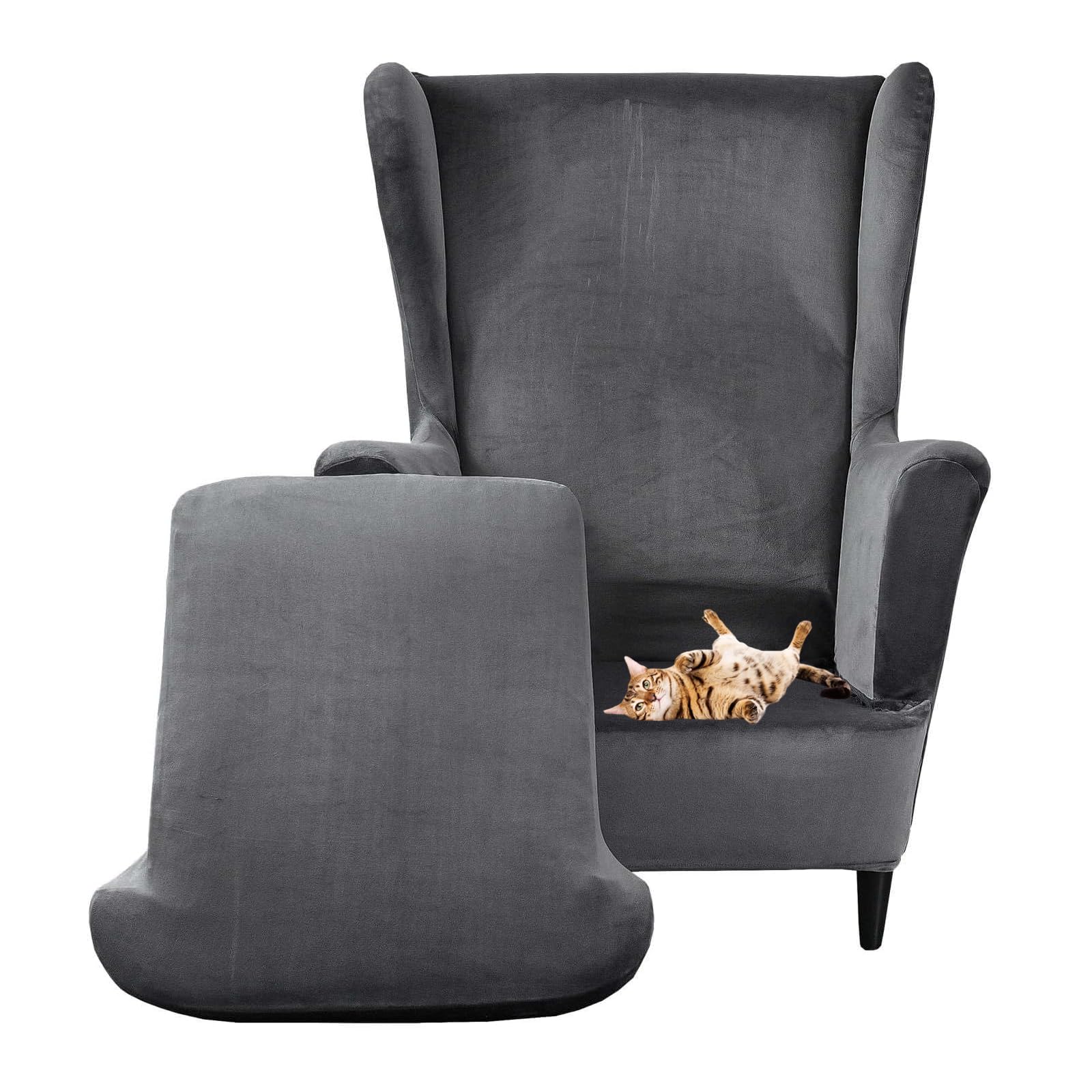Copripoltrona Con Orecchie 2 Pezzi Coprisedia in Velluto Elasticizzato Copri Poltroncina 1 Posto Con Braccioli Per Cane Gatto Bambino (grigio scuro)