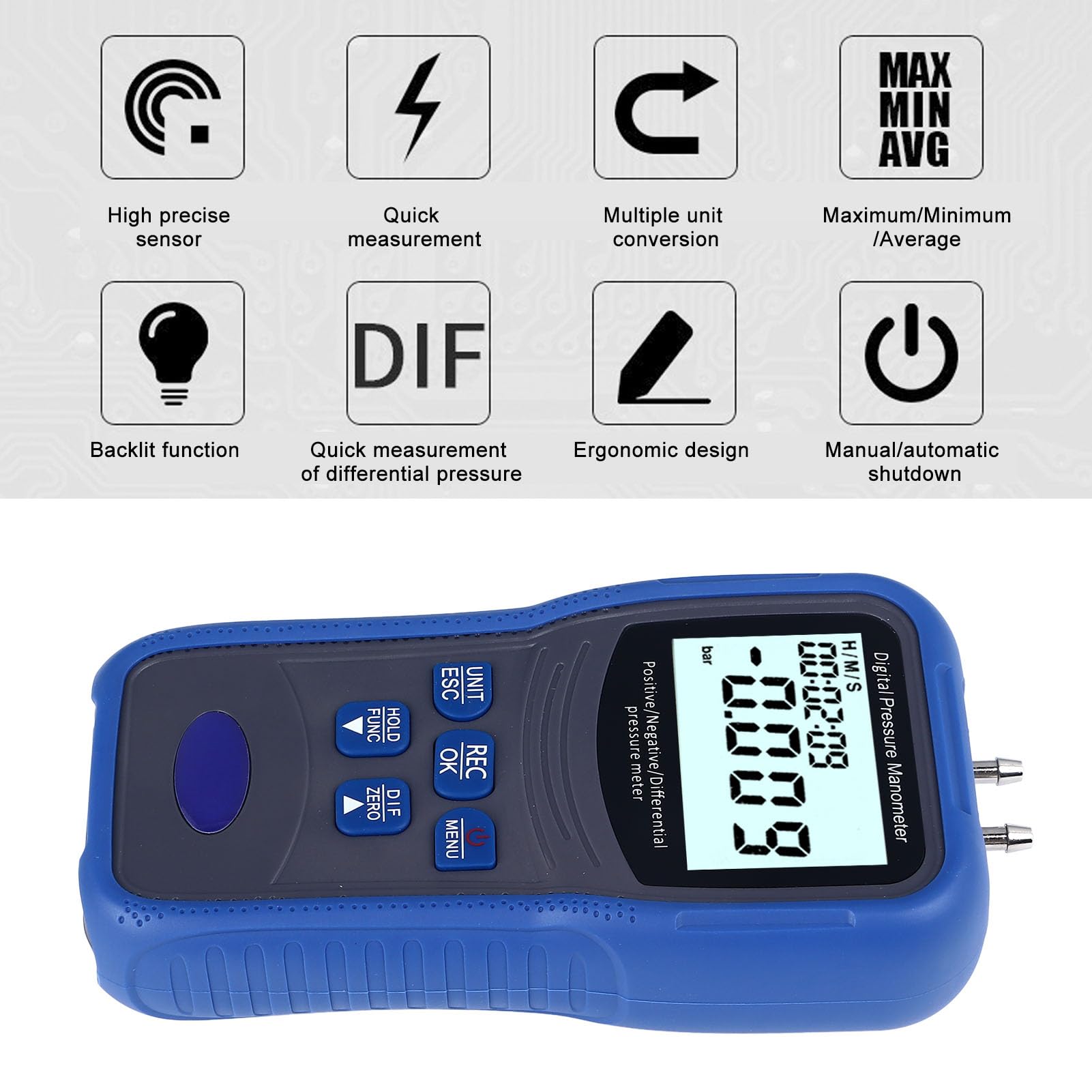 Yctze Cyfrowy Manometr o Wysokiej Dokładności, z 11-jednostkowym Podświetleniem LCD do HVAC i Rejestrowania Danych