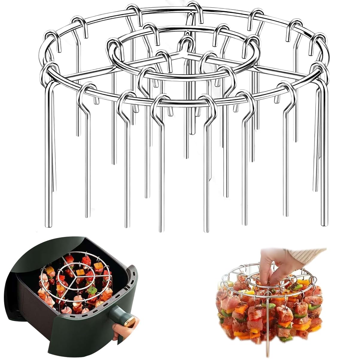 Uqingo 1PCS Air Fryer Rack Round 6 inch with 24PCS Metal BBQ Kebab Skewers, Stainless Steel Air Fryer Tray Accessories, Multi-Purpose Cooking Grill Racks Stand and Hanging Kebab Skewers