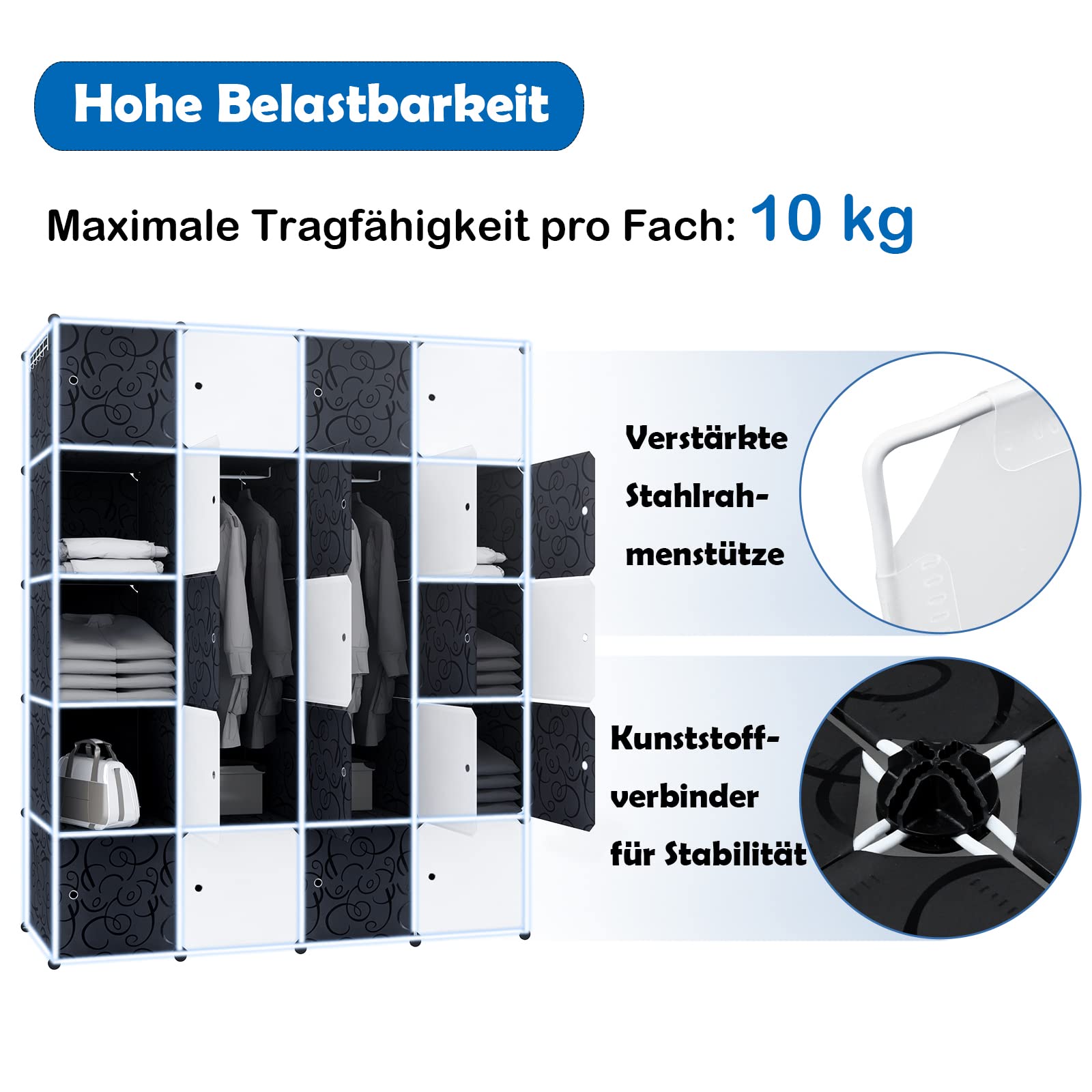 Armadio fai da te in plastica, con superficie sospesa, Scaffali Armadietto, 20 scomparti (45 x 37 x 178 cm, nero con motivo)