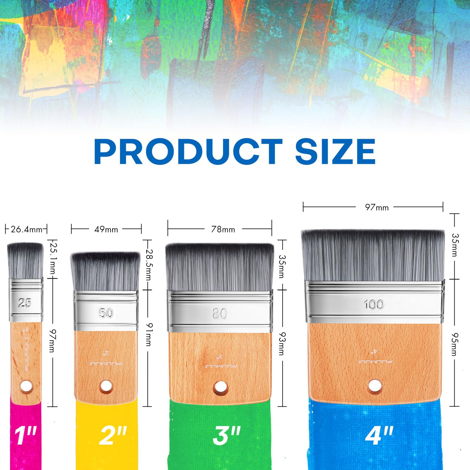 Set di 4 pennelli piatti per pittura, Fuumuui Scale, pennelli grandi, larghi e piatti con manico corto, per colori ad olio e acrilici (2,5 cm, 5,1 cm, 7,6 cm, 10,2 cm)