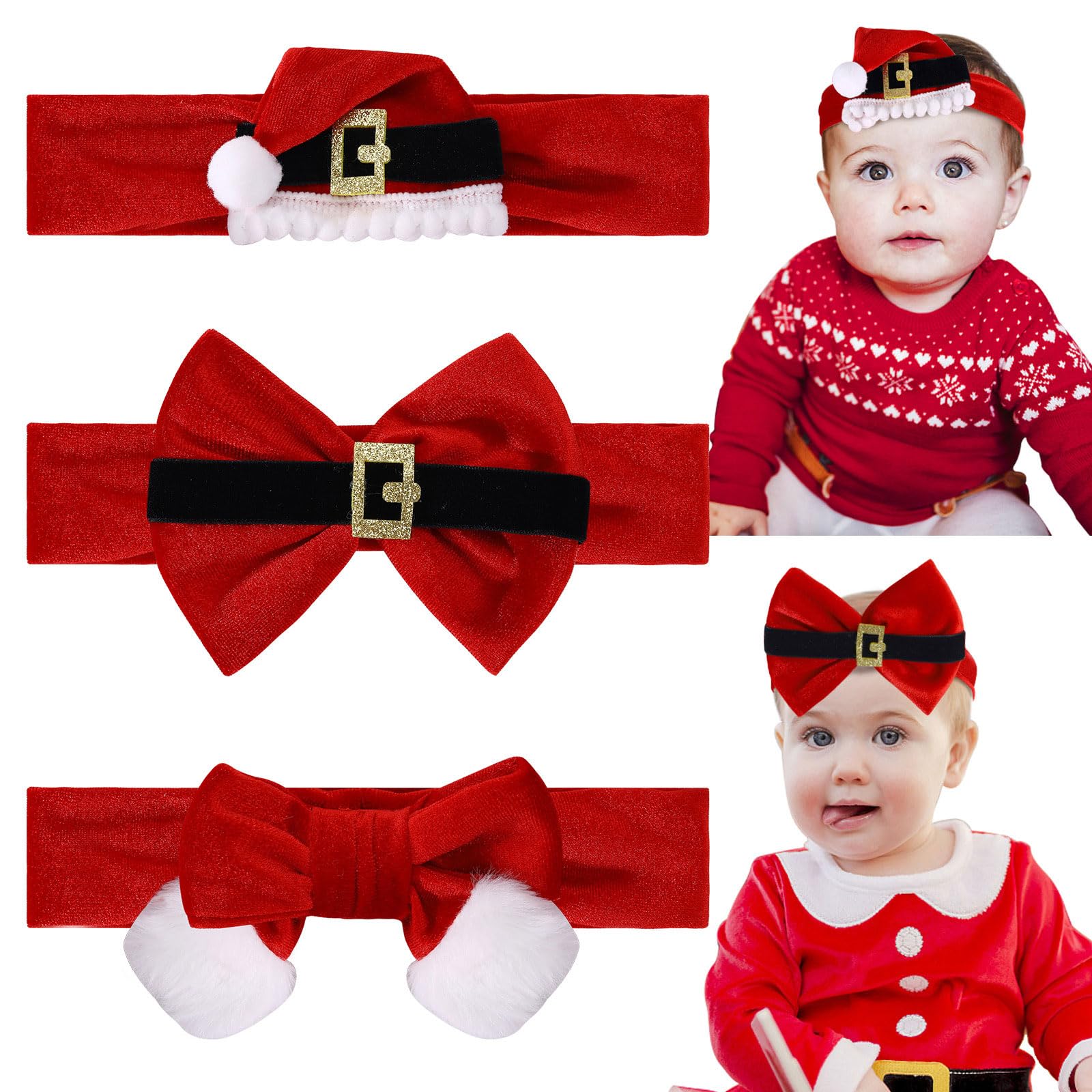 Subesty 3PCS Christmas Headbands for Baby Girls, Red Velvet Baby Bows Santa Elastics Newborn Turban Wide Headwrap for Infant Toddler