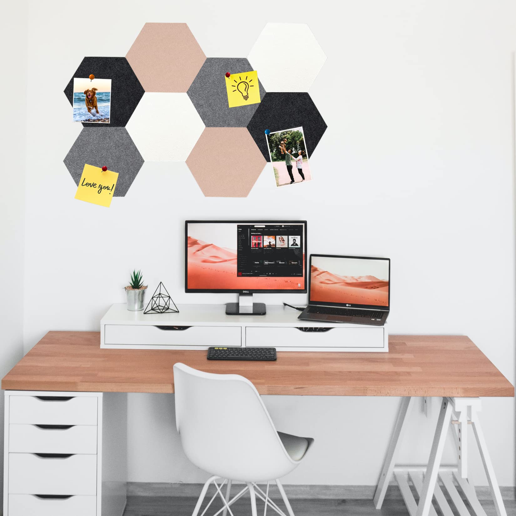 Lot de 8 dalles hexagonales en feutre et liège, autocollantes, pour tableau d'affichage, bureau, école, maison, décoration murale, autocollants, mémos, photos(Camel et Gris)