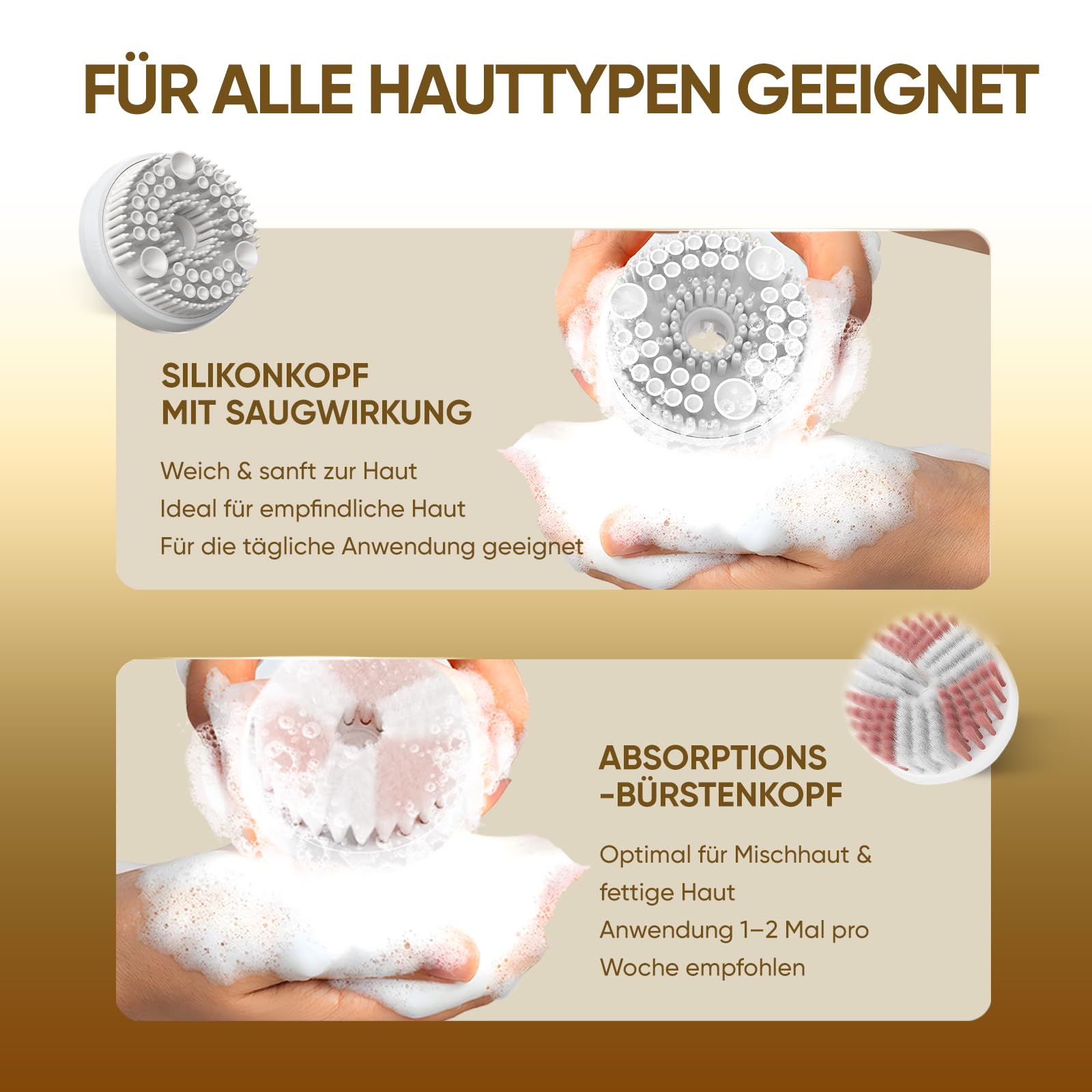 Kingdo 2-in-1 Gesichtsreinigungsbürste Elektrische Gesichtsbürste Silikon, mit automatischer Schaumbildung-IPX7 wasserdicht, 2 Reinigungsköpfe und 4 einstellbare Geschwindigkeiten, für alle Hauttypen