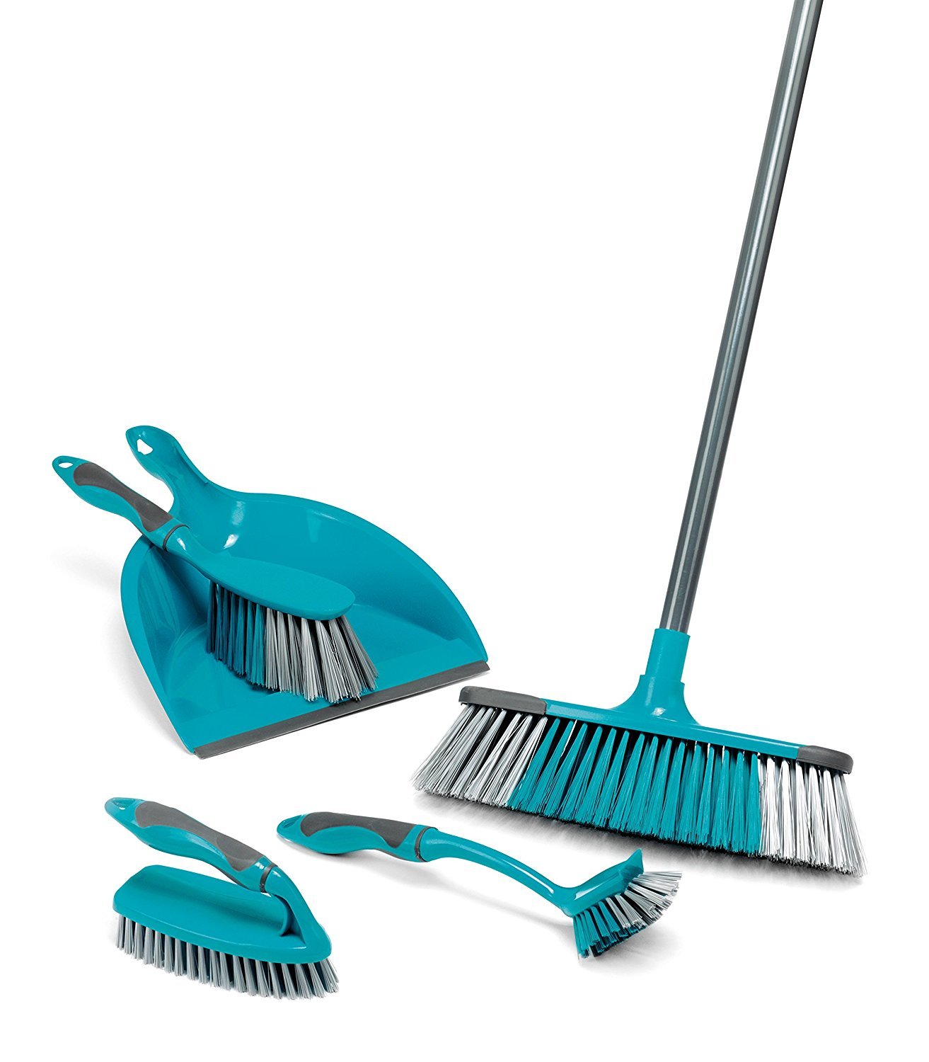 Beldray LA024152TQ Cleaning Bundle with Broom - Dustpan and Brush Set, Scrubbing & Dish Brushes, Long Handled Indoor Floor Sweeping, Washing Up Brushes, Bathroom/Tile/Grout Cleaner, Soft Grip, Blue