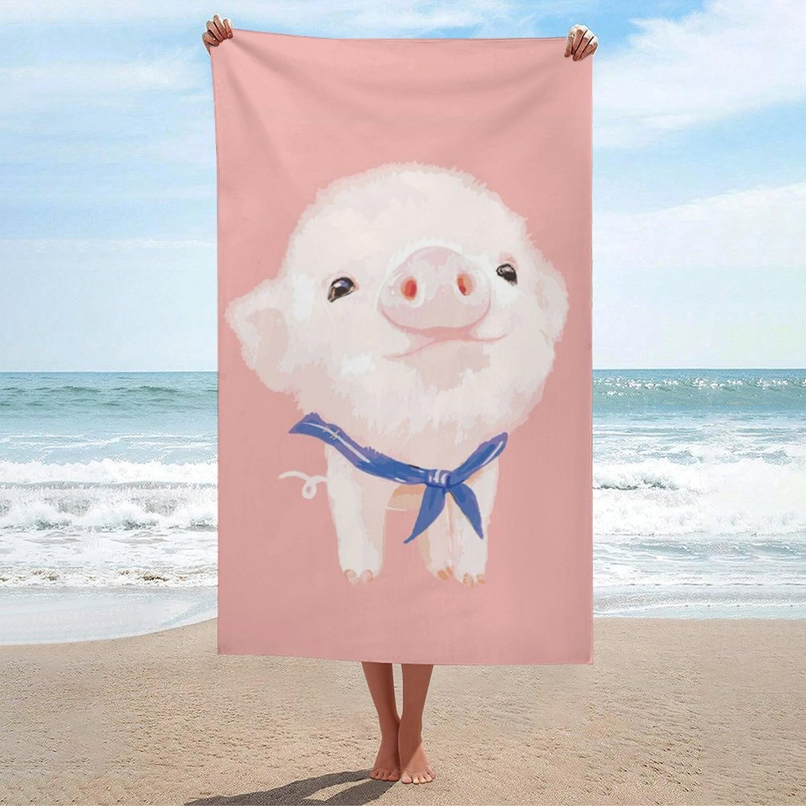 LEDFCVSU Beach Towel, Pink Pig Bath Towel, Absorbent Towel for Swimming, Sports, Travel