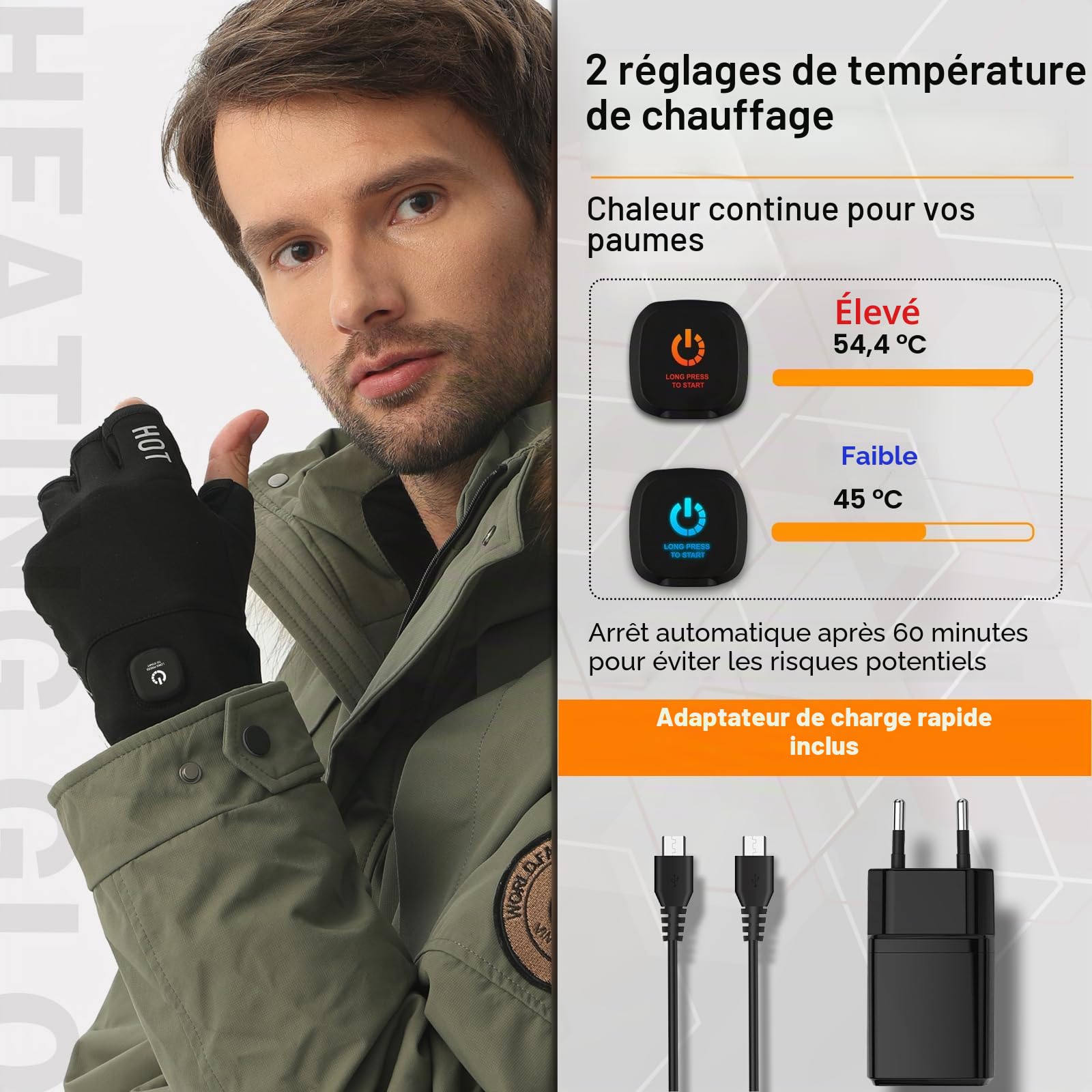 uncn Mitaines chauffantes rechargeables pour homme et femme – Gants de travail tactiles pour l'hiver par temps froid – Mitaines thermiques électriques