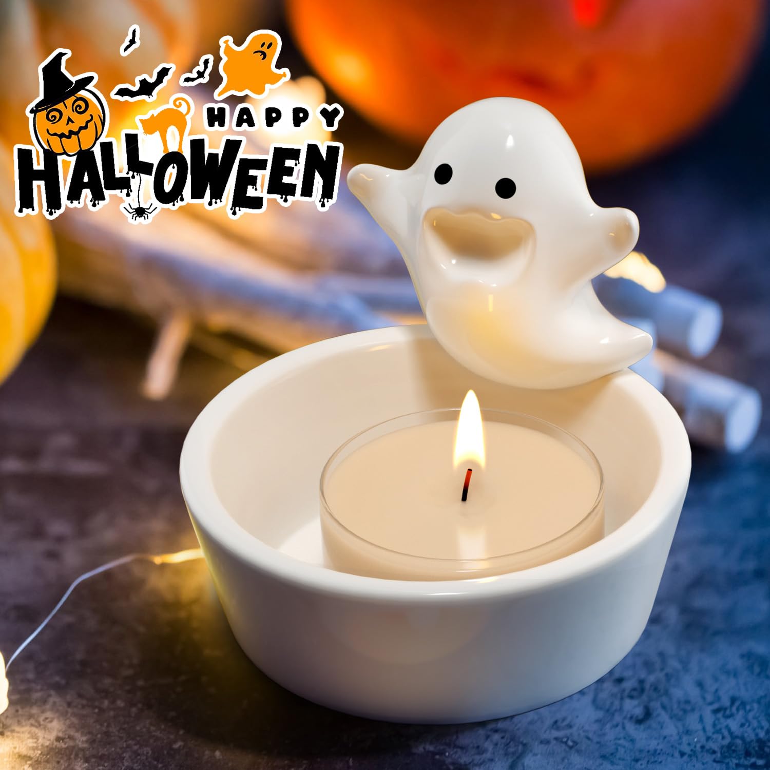 WHOLEV Cute Cartoon Small Ghost Candle Holder,White Handmade Ceramic Candlestick