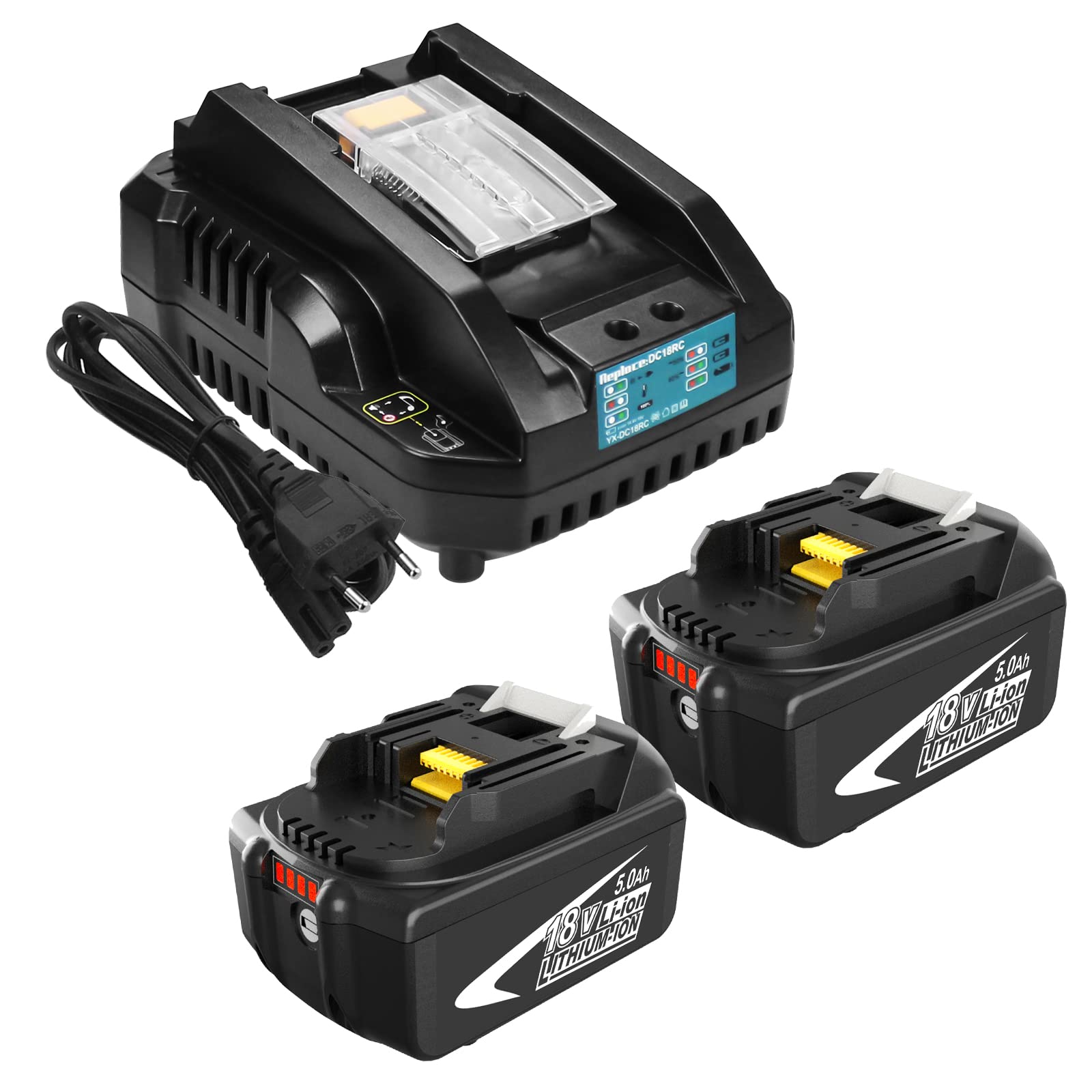 2 baterías de Repuesto para Makita batería BL1850B y Cargador de 14,4~18V, 3 A, Compatible con los Modelos DC18RC y DC18RA, para Makita baterías de 14,4~18V con LED