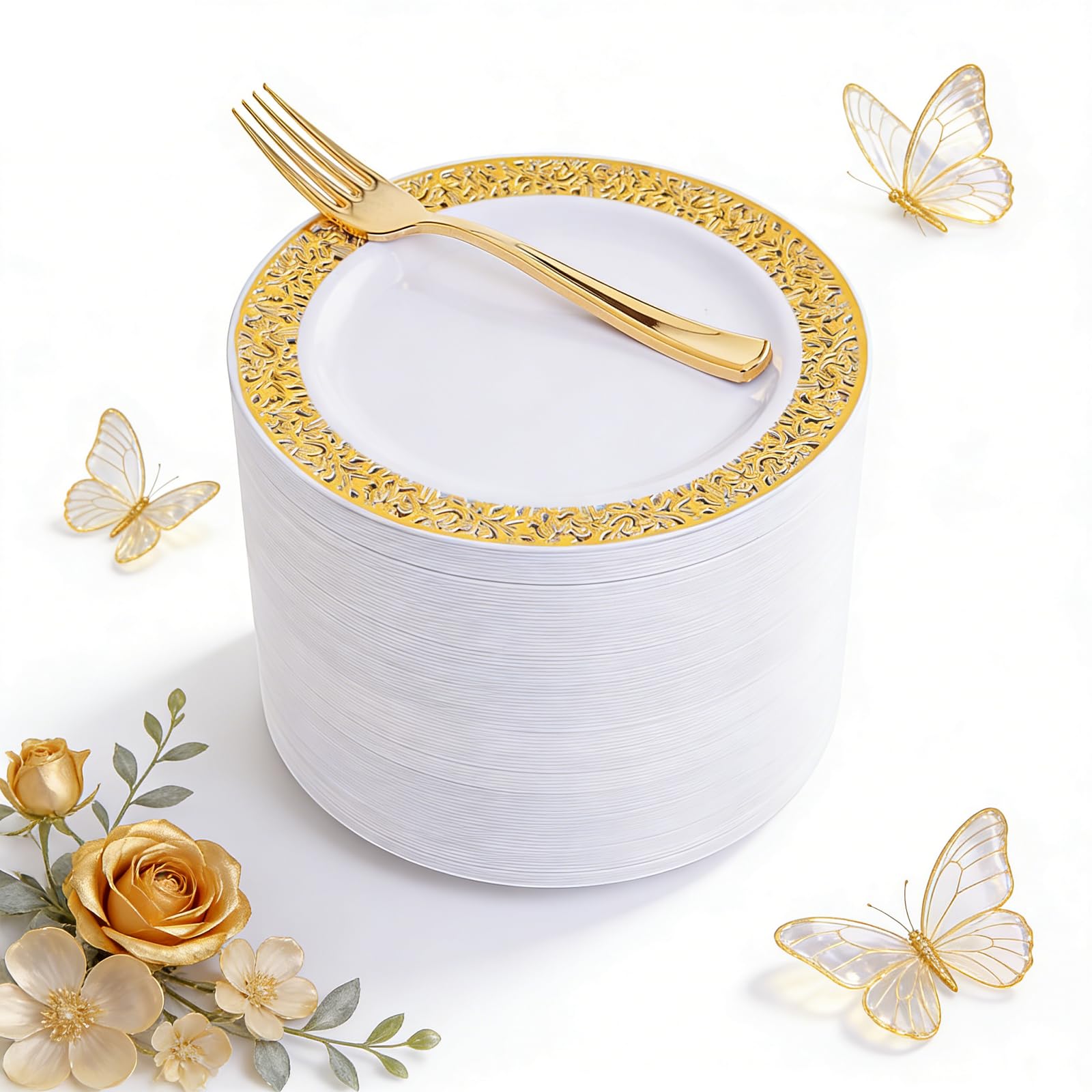 WDF 100pcs Gold Dessert Plates 7.5" with 100 Pieces Disposable Forks 7.4", Lace Design Fancy Appetizer Small Salad and Cake Plates for Thanksgiving