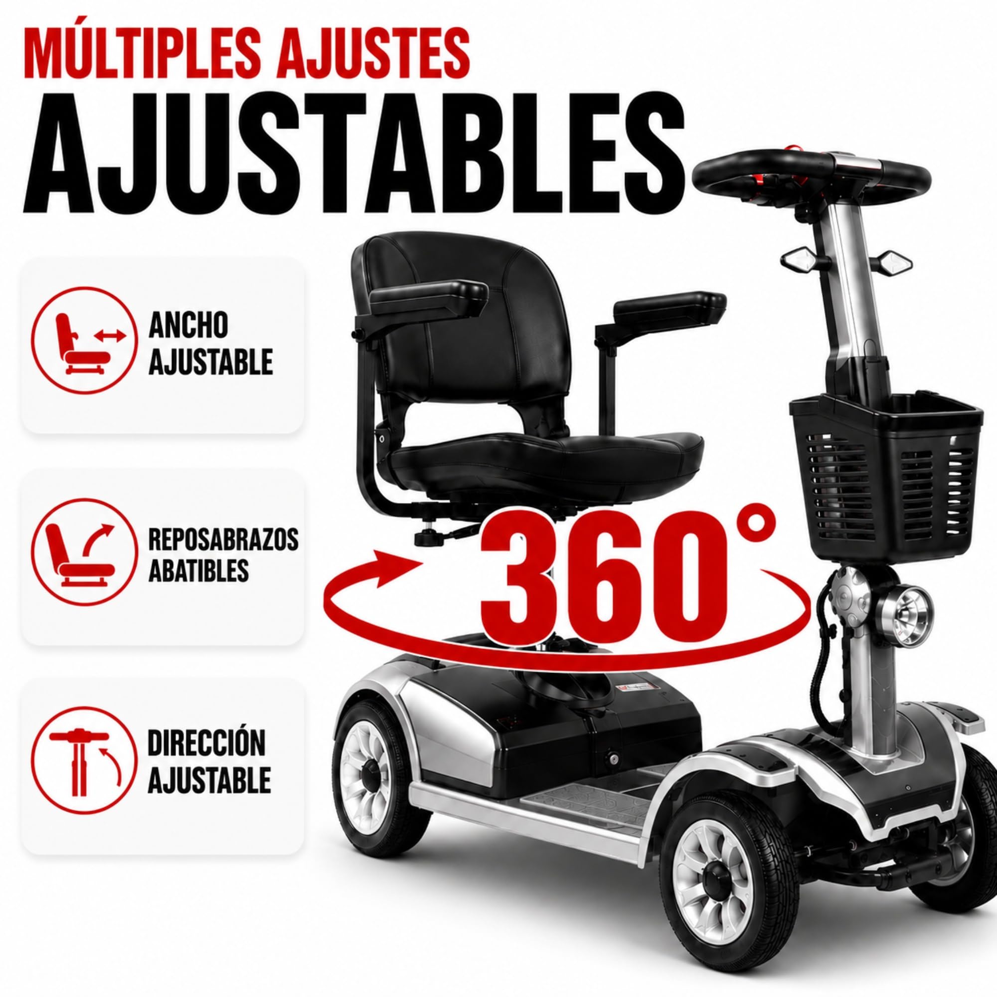 Scooter de Movilidad Eléctrico Plegable de 4 Ruedas para Personas Mayores y Movilidad Reducida, hasta 35 km Autonomía, Asiento Giratorio 360°, Estable y Seguro – ALIFERO (Gris Plata)