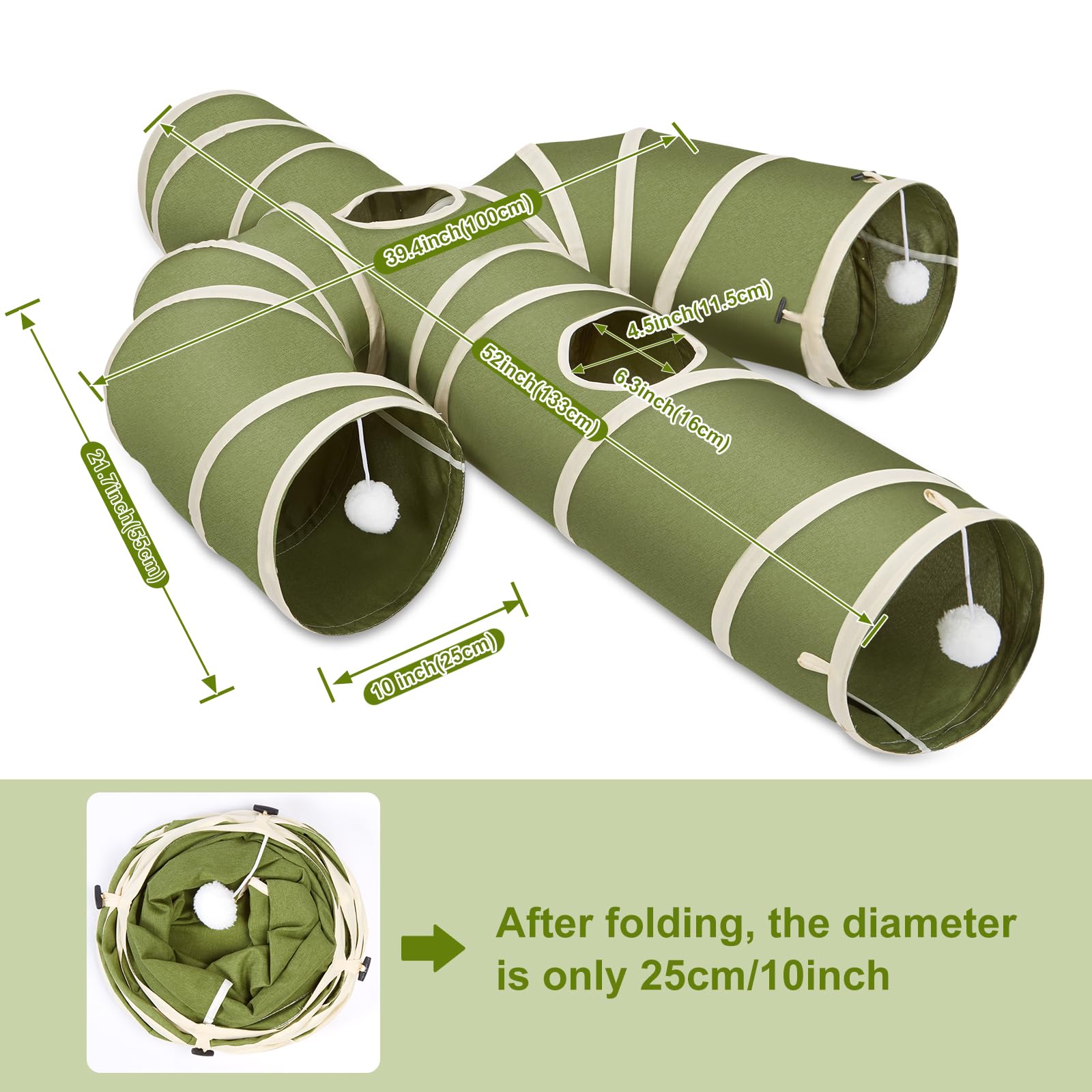 Ownpets Tunnel pour chat - Grand cactus - 4 voies - Avec tissu Oxford robuste - Pliable et indéchirable - Diamètre : 25 cm - Vert