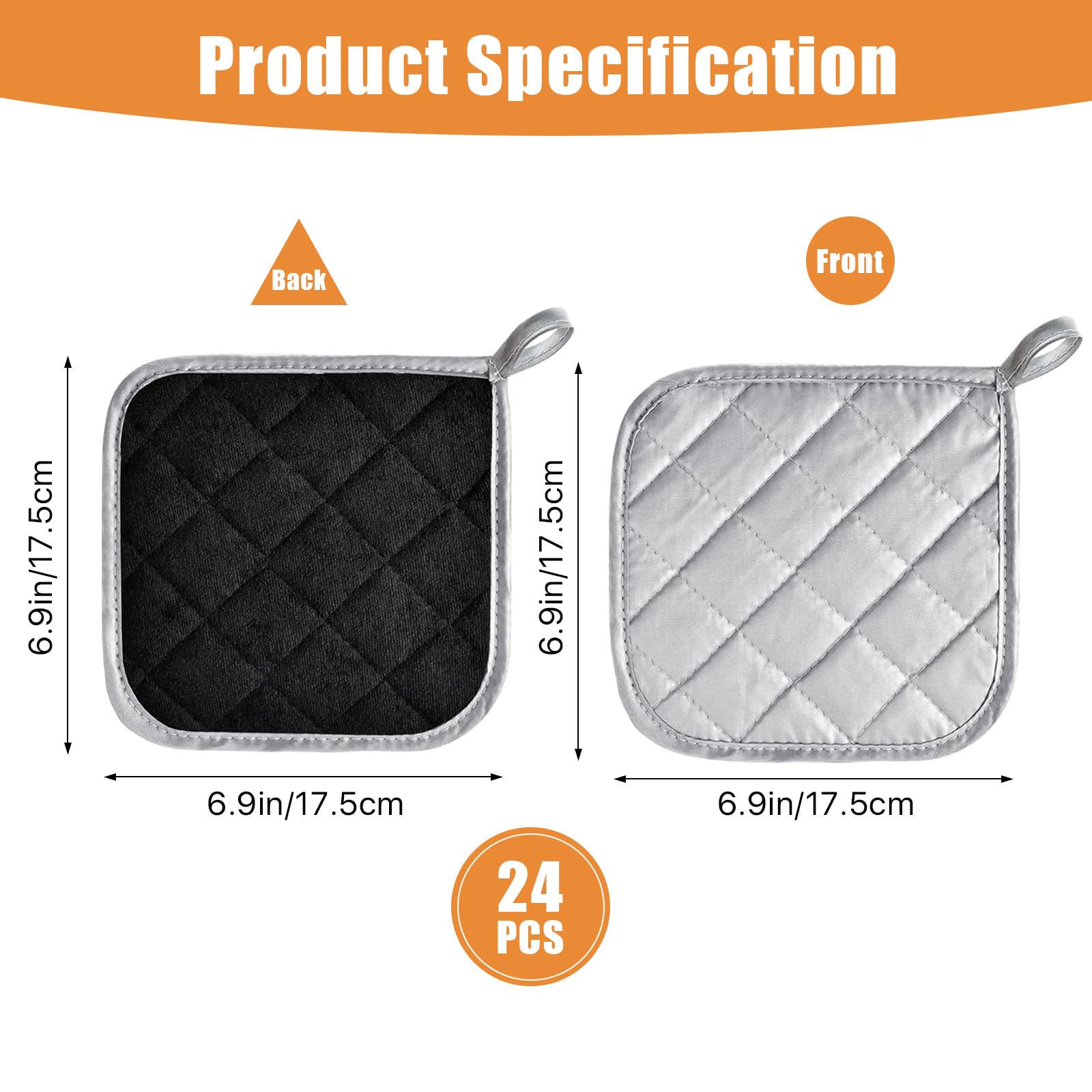Aemygo 24 Pcs Pot Holders Bulk for Kitchen Heat Resistant, 7X 7Inch Cotton Potholders with Hanging Loops Square Hot Pads Oven Pot Holder Trivet for Cooking Baking?Black