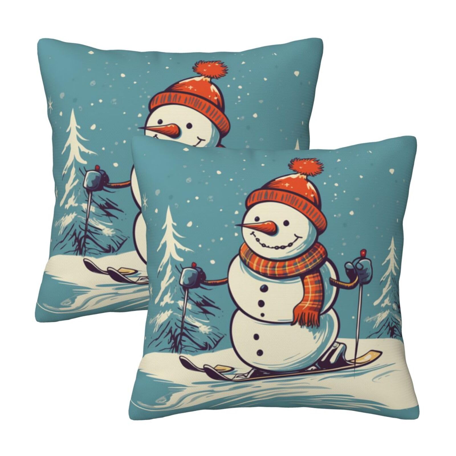 Skiing Snowman Throw Pillow Cases 2 Pack Square Pillowcases Soft Pillow Protectors for Couch Livingroom Sofa Bed Office Car,30x30 CM
