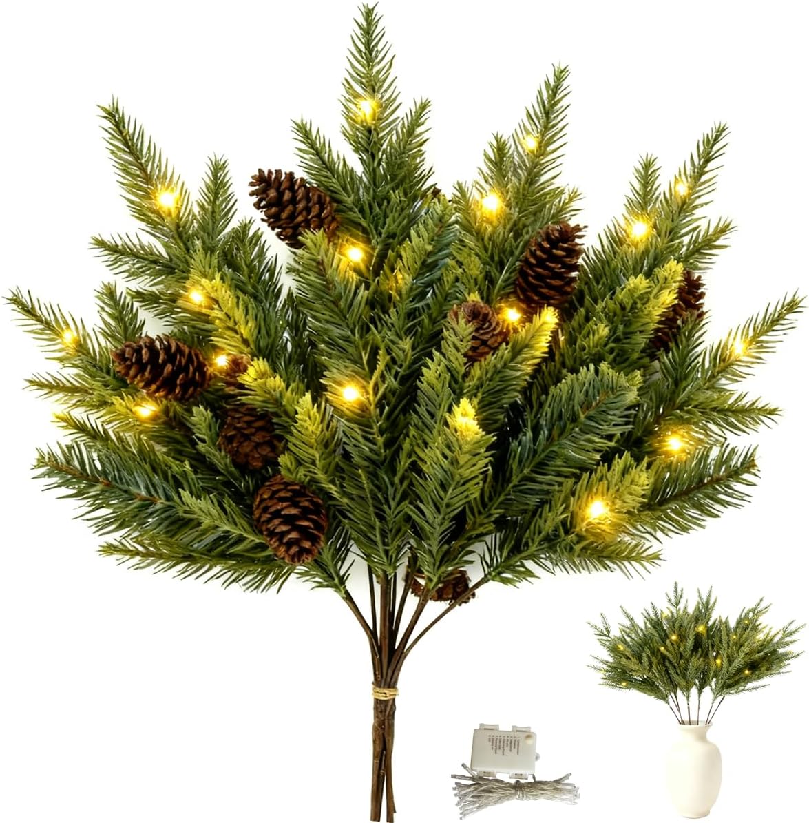 Pre-Lit Pine Stems,Christmas Artificial Pines Lighted Branches,17.7 inches Norfolk Pine Stems,LED Strip with 1.5-Meter Battery Power Supply,for DIY Wreaths,Vase Fillers, Indoor Outdoor Decor. (15)