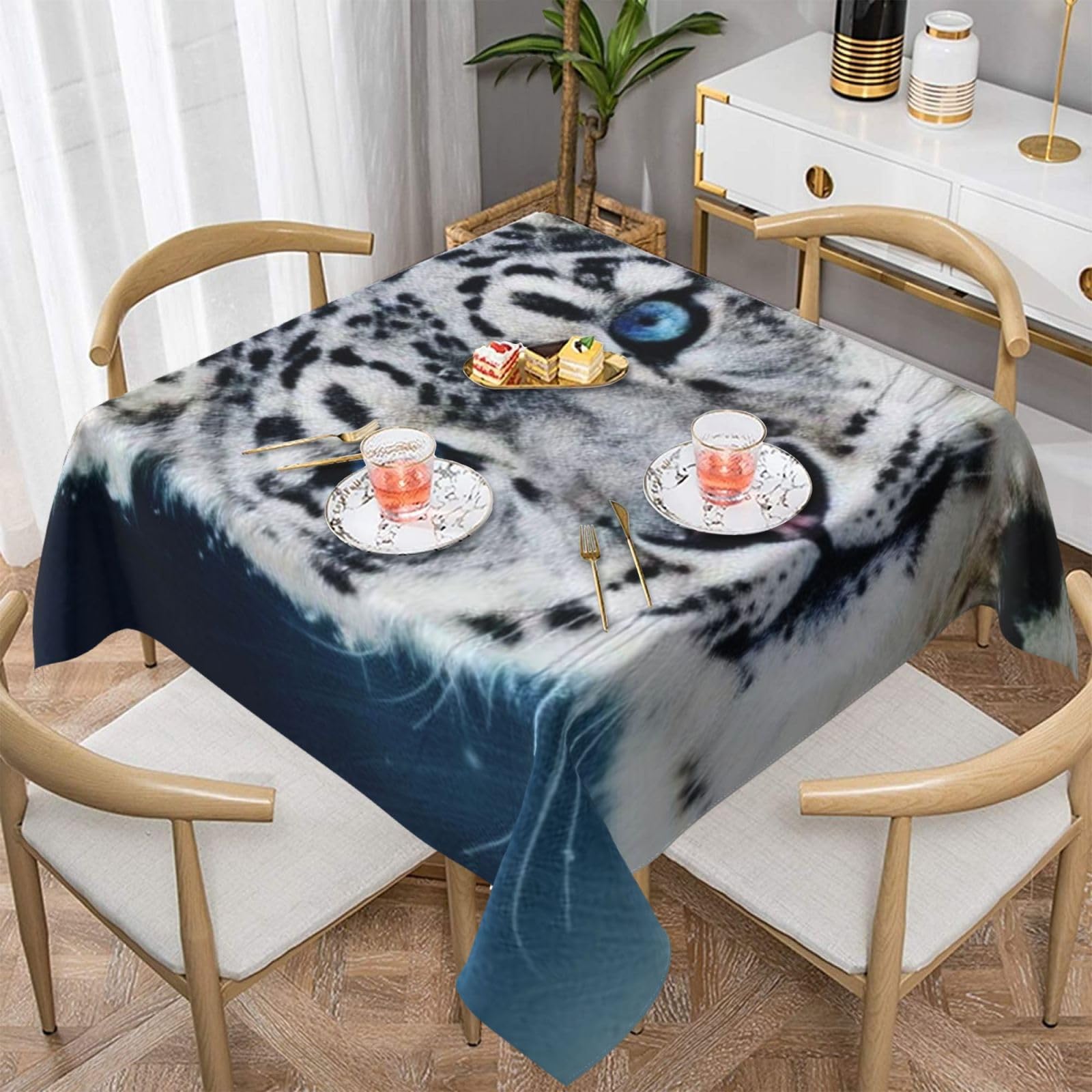DCEHGEW Blue eyed snow leopard Prints Square Tablecloth 137x137 CM, Waterproof Fabric Table Cloth for Dining Table, Farmhouse Table Cover for Kitchen Dining Tabletop Decoration