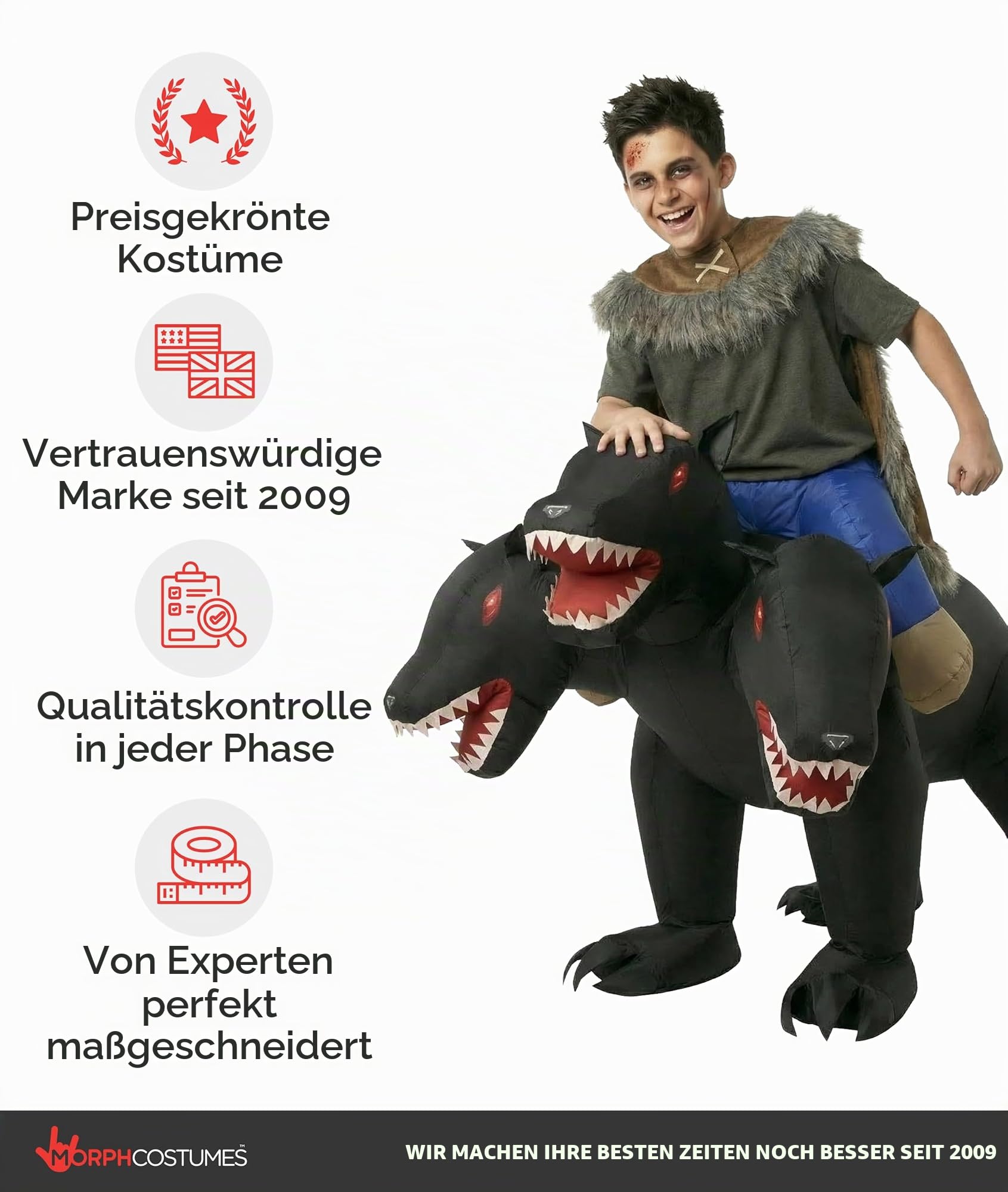 Morph Aufblasbares Huckepack Kostüm Kinder, Halloween Kostüm Kinder | Aufblasanzug mit Ventilator, Schwarzes Höllenhund-Design, Bläst in 60 Sekunden auf, Perfekt für Halloween, Immer ein Hit