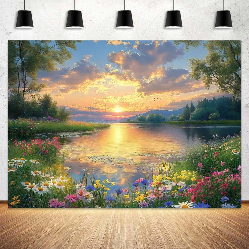 7X5ft Lake Natural Scenery Backdrop Spring Natural Scenery Flowers Landscape Mountain Forest Trees Flower Blue Sky Photography Background Picnic