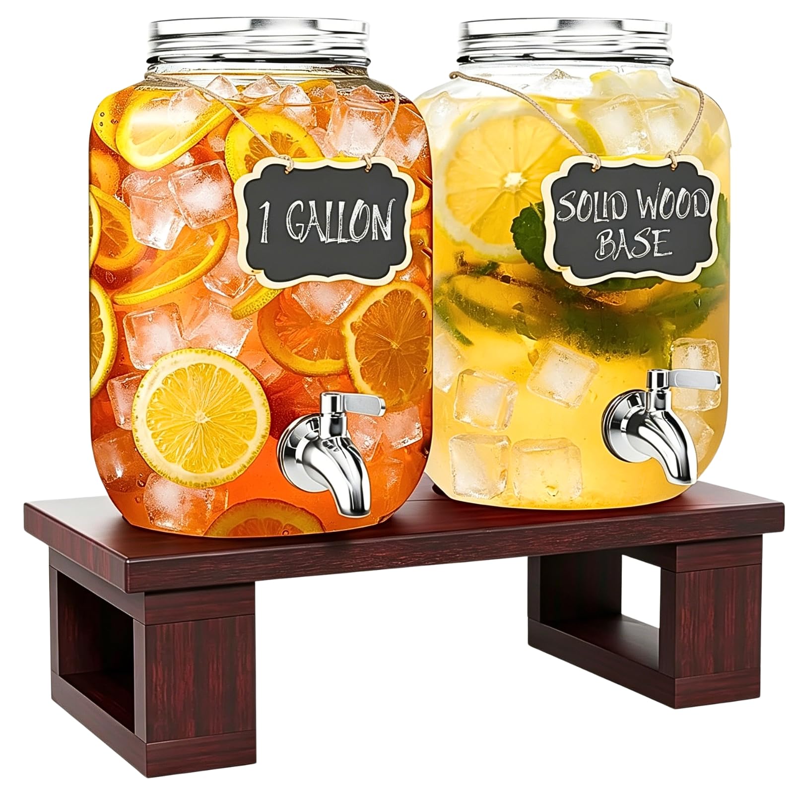 Ofiray-home Getränkespender aus Glas mit Massivholzständer und Edelstahl-Zapfhahn, auslaufsicherer Getränkespender mit Kreidetafel-Etiketten für Limonade, Saft, Eistee und mehr, 2 Stück