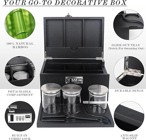 Miniatura 5 de lotmusic Caja de almacenamiento grande con bandeja extraíble deslizable, caja decorativa de bambú con 3 tarros de vidrio, cepillos de limpieza