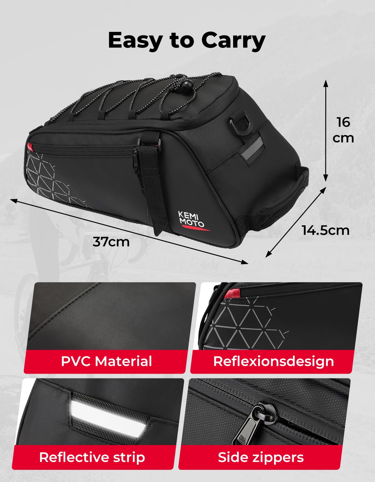 KEMIMOTO 2-in-1 Fahrradtasche für Gepäckträger hinten – 8L Wasserabweisende Gepäckträgertasche für Pendler & Kurzreisen, mit Schultergurt, Tragegriff & Mehreren Fächern,Schwarz