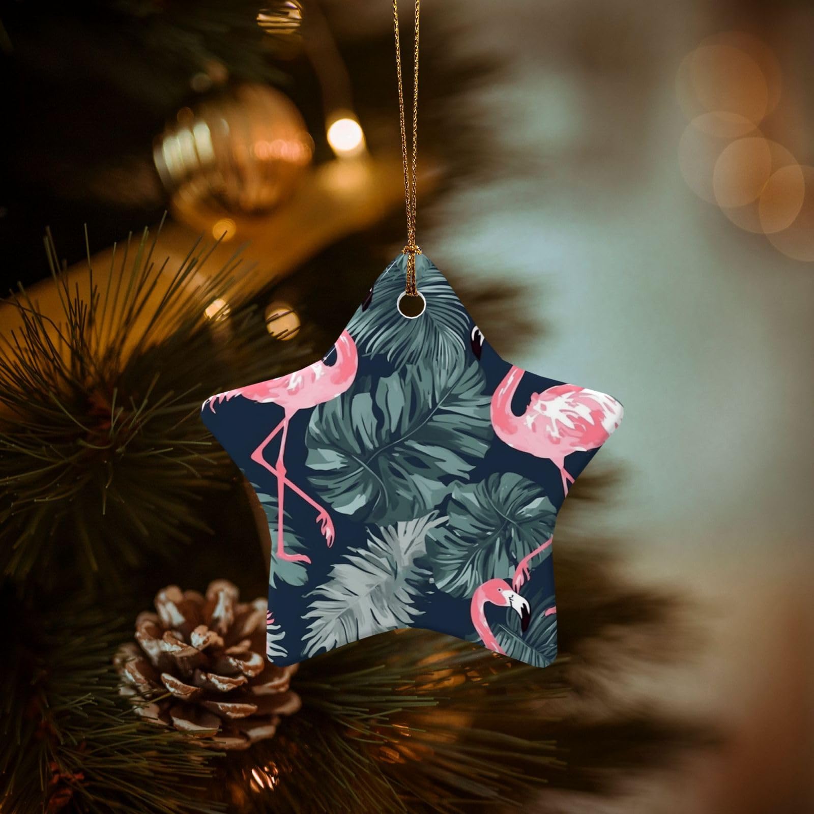 Christmas Tree Ornaments Ceramics Christmas Decorations Flamingo and Leaves Ornaments with Gold Ribbon Porcelain Xmas Tree Crafts Star Shape Hanging Pendant for Christmas Tree Party Decor