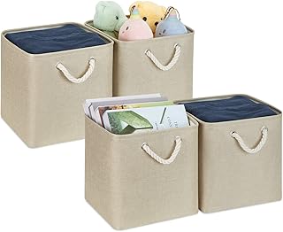 Storage Basket for Organizing 12x12x12 Cube Storage Organizer Bins Storage Baskets for Shelves Set of 4 Collapsible Basket for Storage Cubes with Handles Decorative Fabric Storage Cubes Bins Shelf Closet Kids Gifts Cloth Bathroom (Khaki)